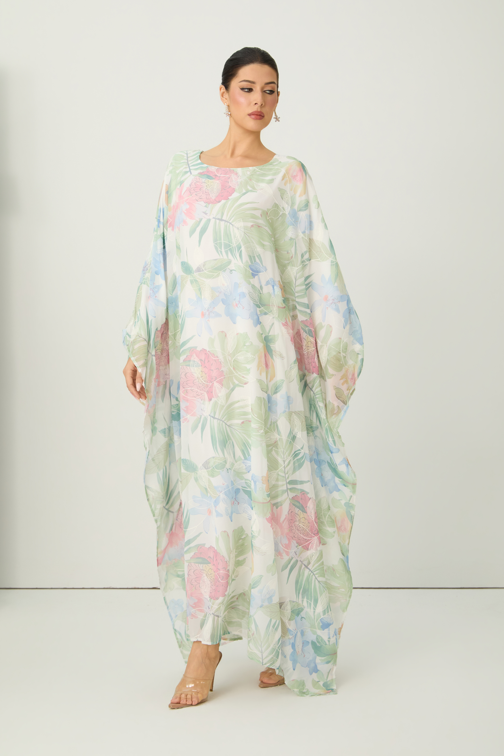 Impressive Flirt Multi Floral Print Round Neck Maxi Kaftan