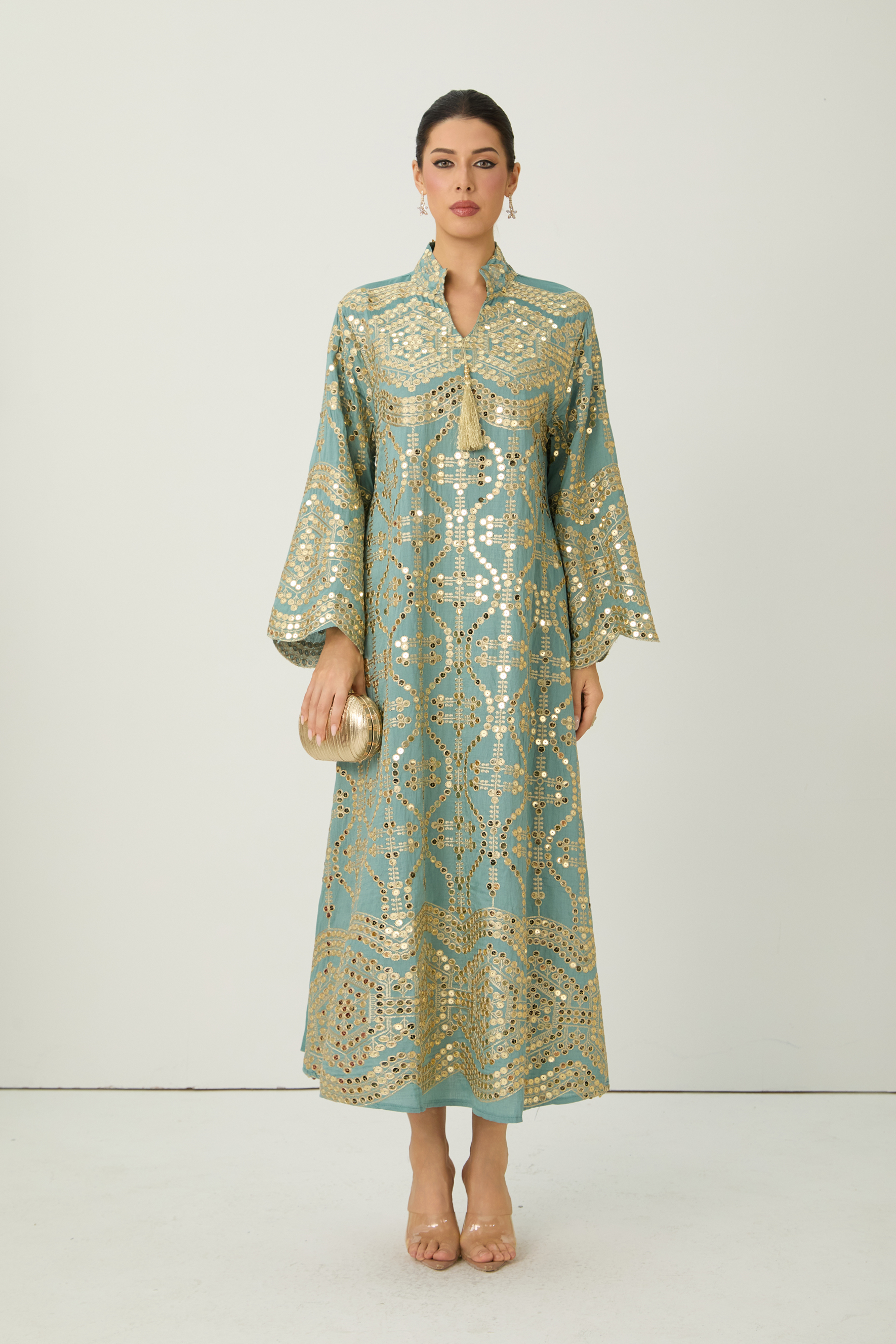 Easily Gorgeous Green Sequin Embroidered Long Sleeve Maxi Kaftan