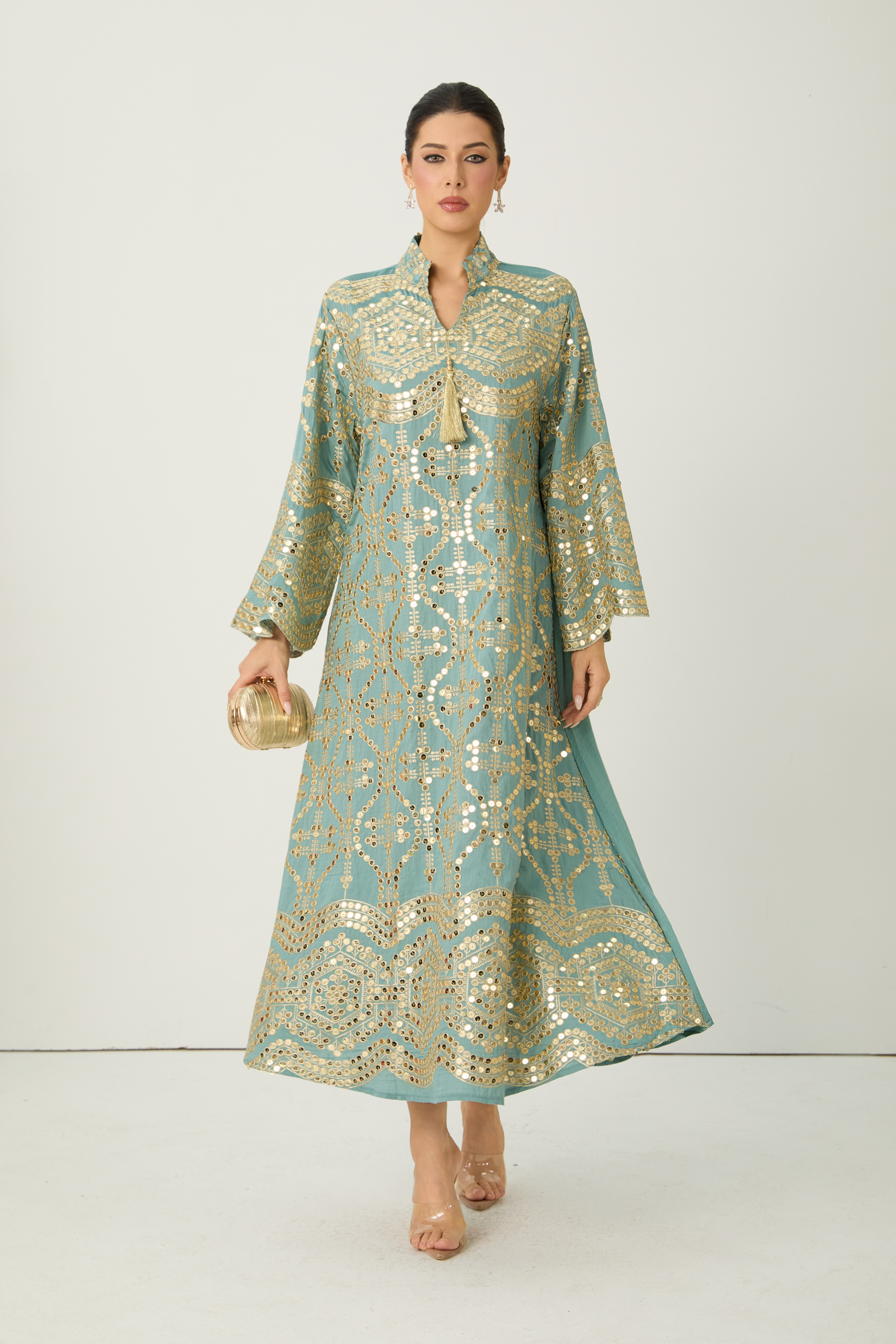 Easily Gorgeous Green Sequin Embroidered Long Sleeve Maxi Kaftan