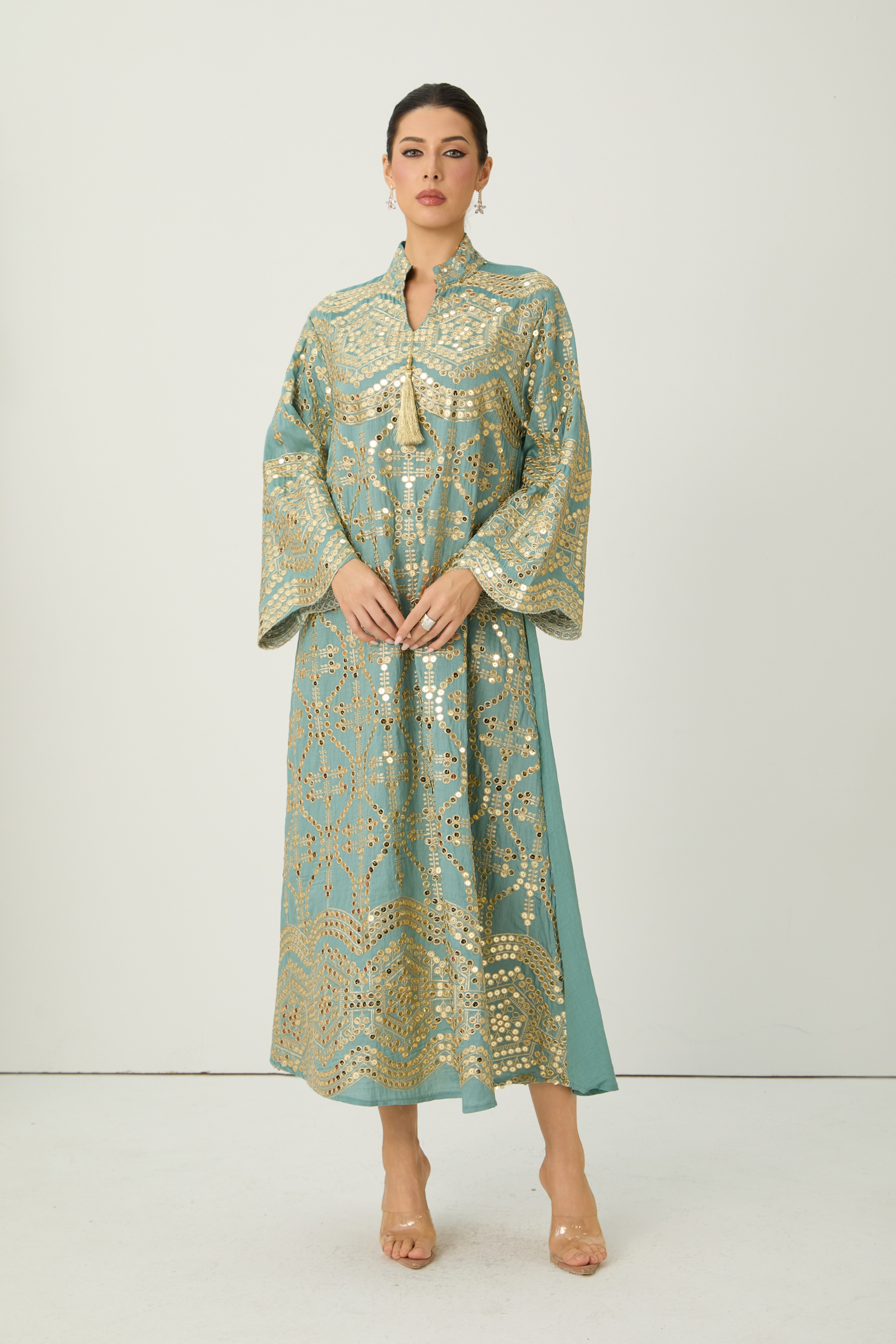Easily Gorgeous Green Sequin Embroidered Long Sleeve Maxi Kaftan