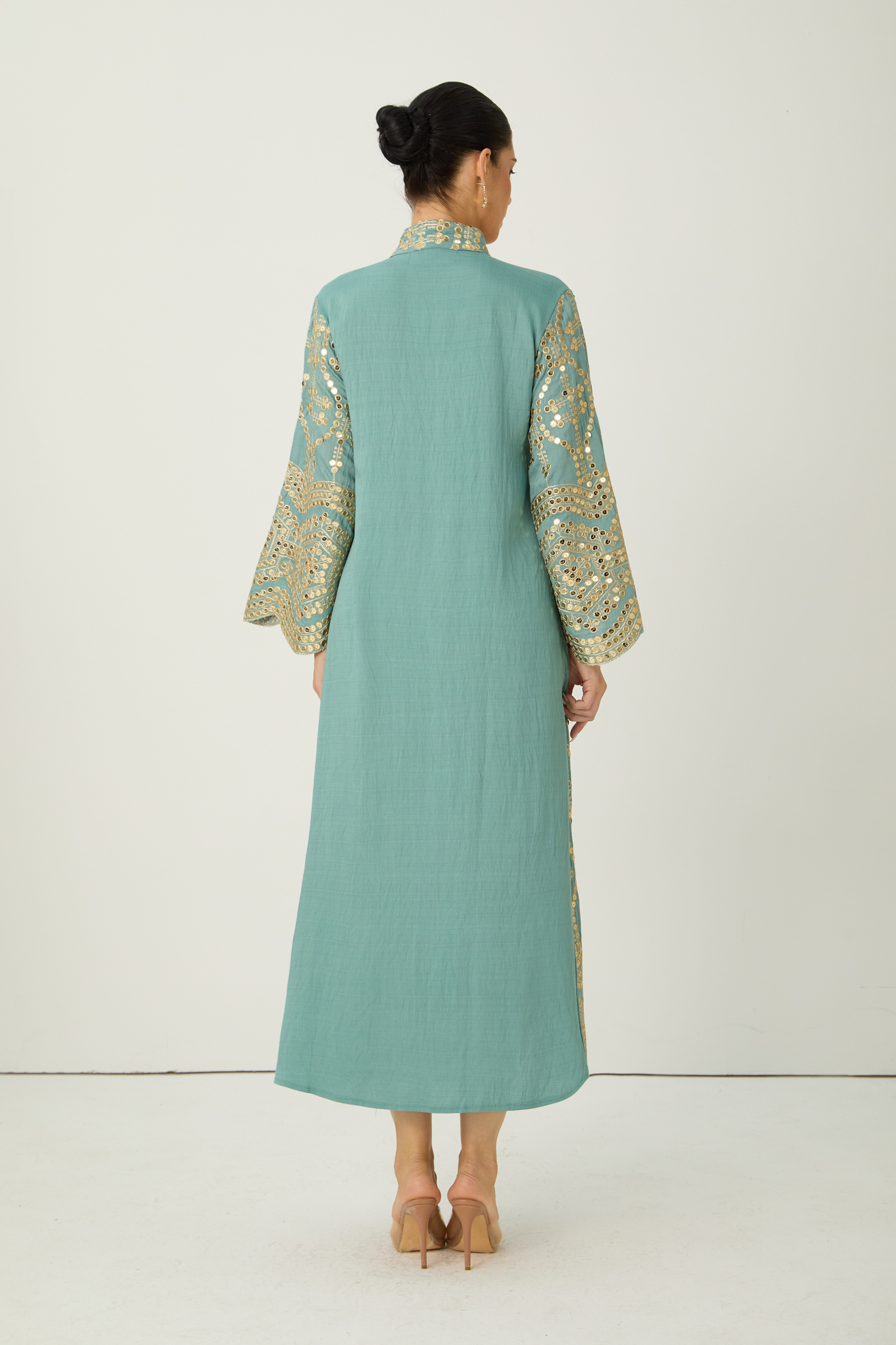 Easily Gorgeous Green Sequin Embroidered Long Sleeve Maxi Kaftan