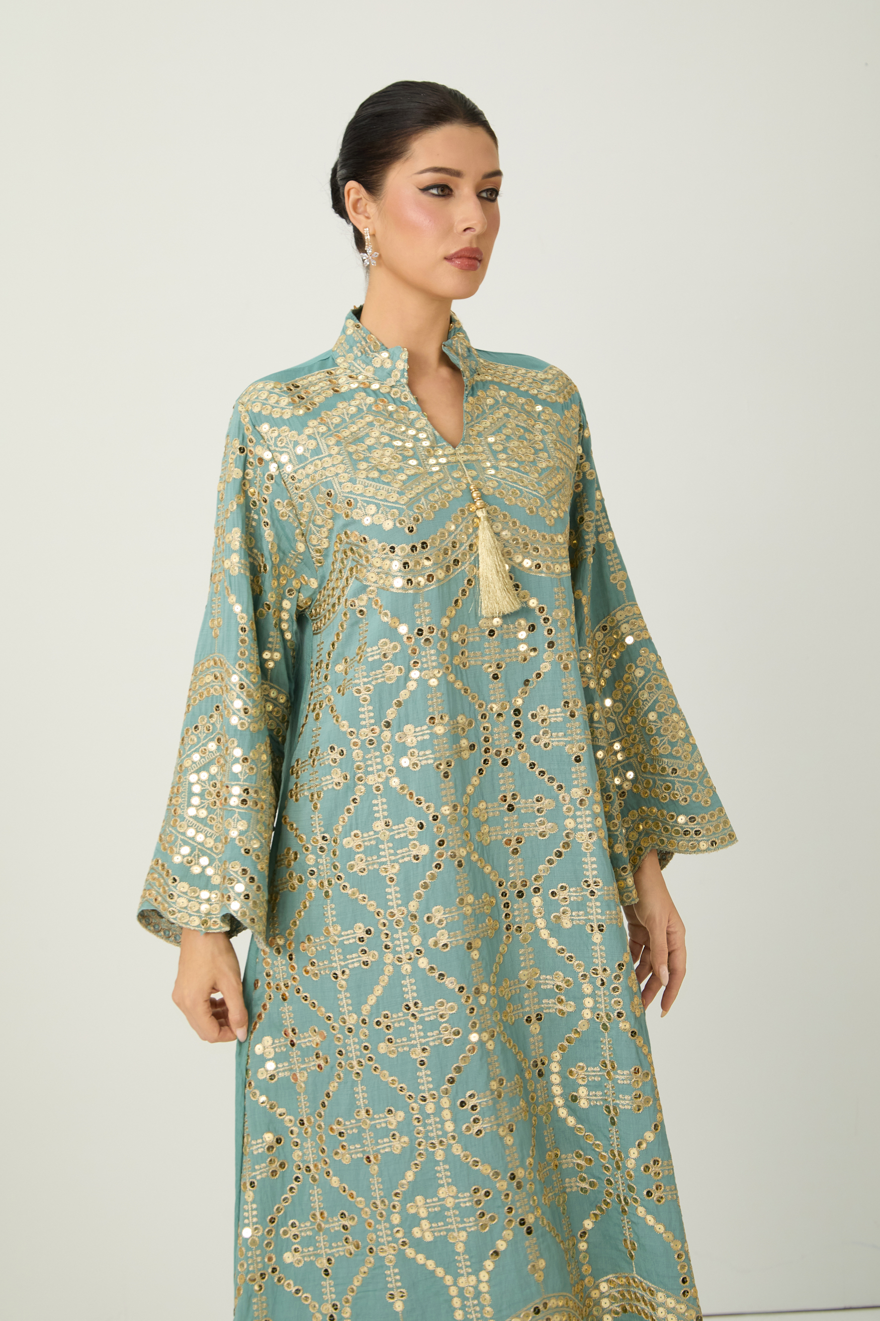 Easily Gorgeous Green Sequin Embroidered Long Sleeve Maxi Kaftan