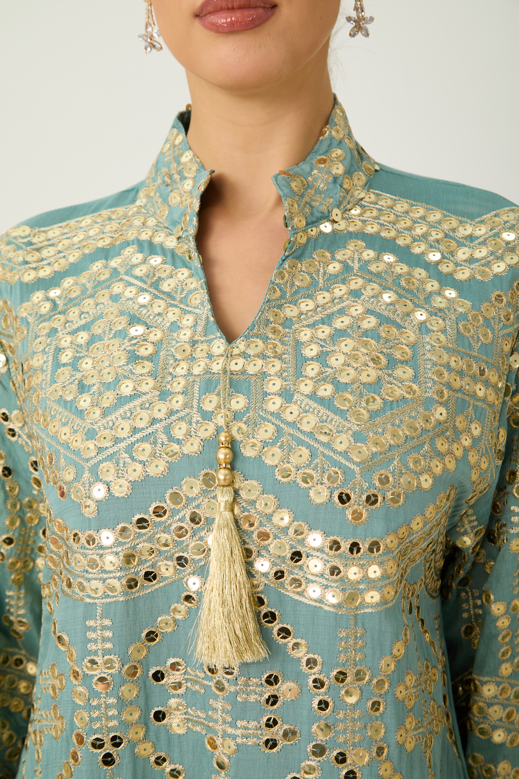 Easily Gorgeous Green Sequin Embroidered Long Sleeve Maxi Kaftan