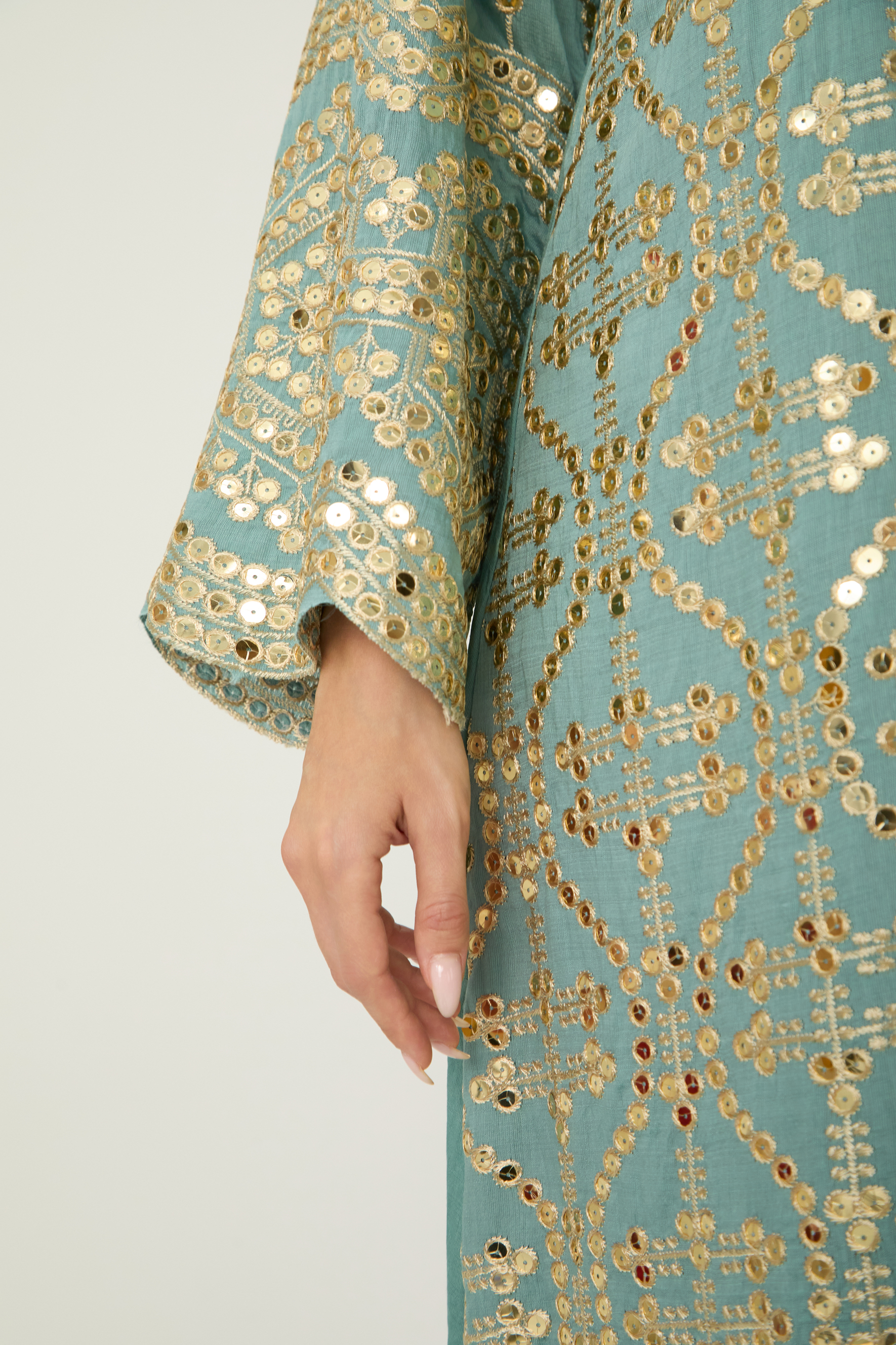 Easily Gorgeous Green Sequin Embroidered Long Sleeve Maxi Kaftan