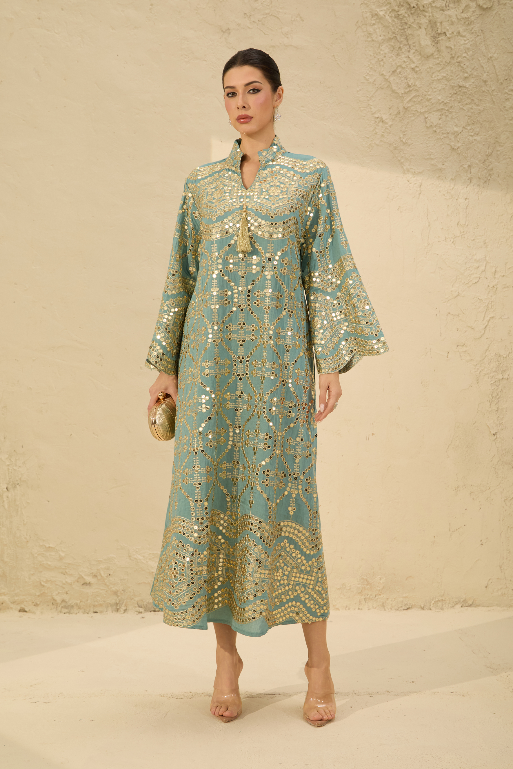 Easily Gorgeous Green Sequin Embroidered Long Sleeve Maxi Kaftan