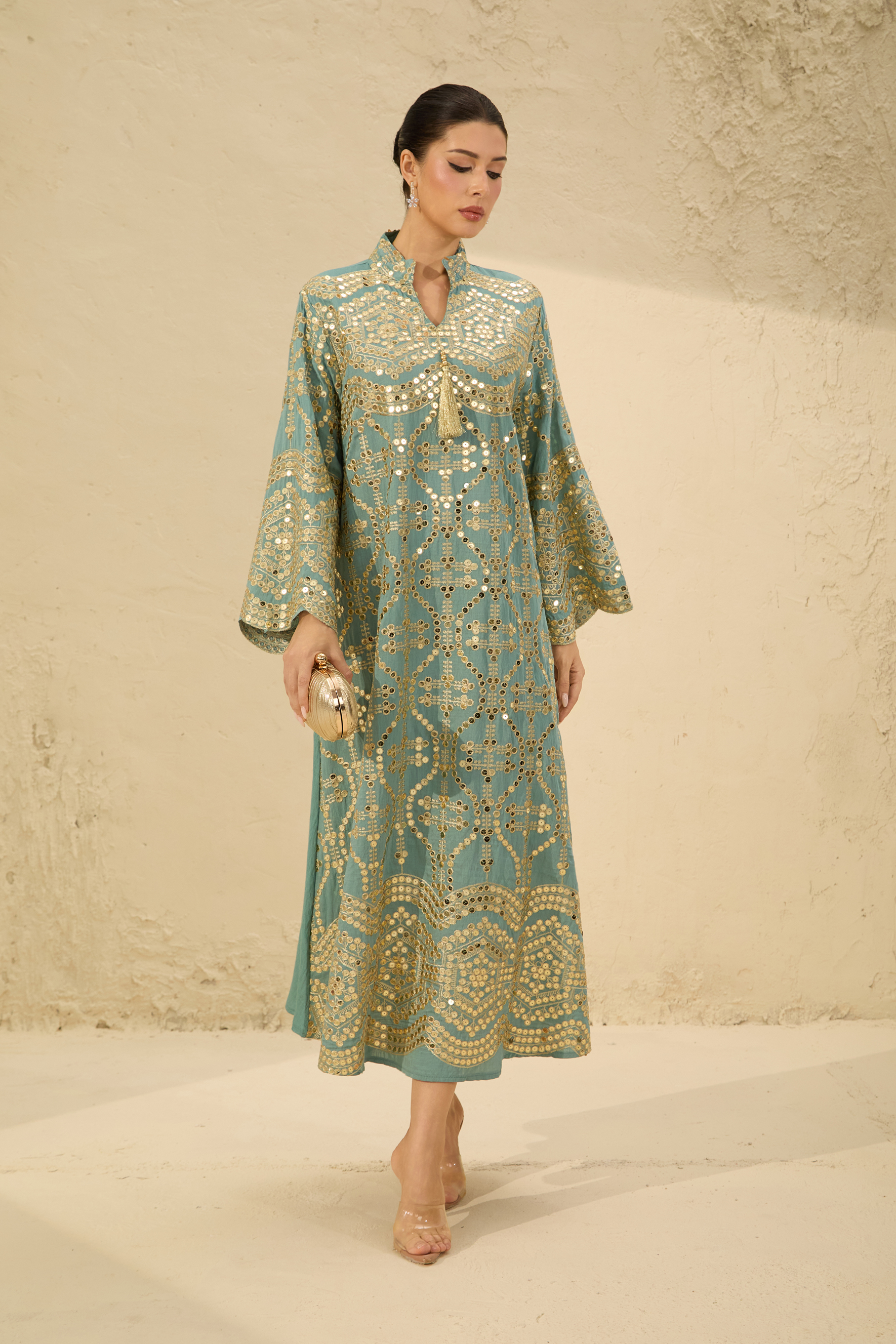 Easily Gorgeous Green Sequin Embroidered Long Sleeve Maxi Kaftan