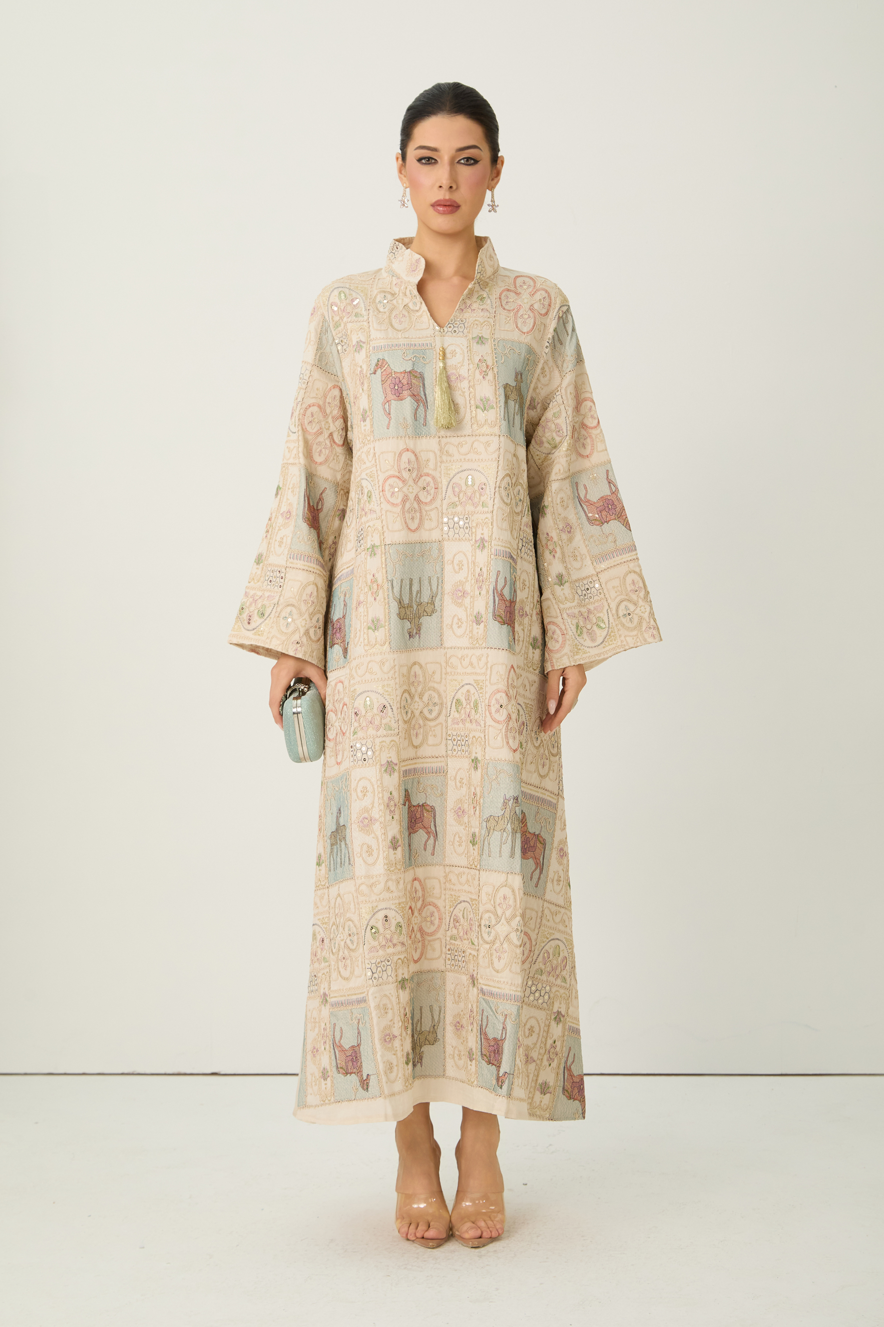 Refined Attitude Apricot Embroidered Animal Bell Sleeve Maxi Kaftan