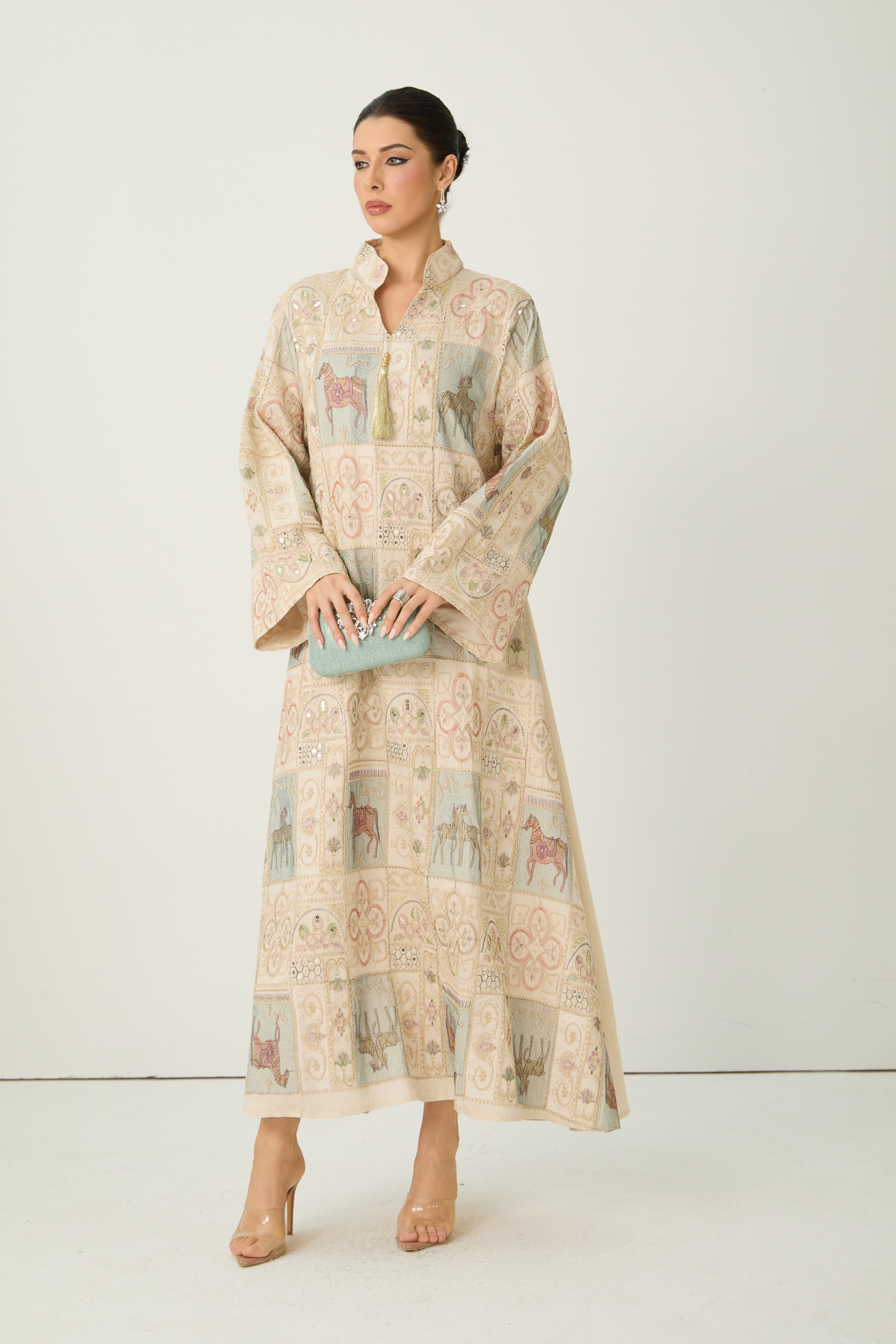 Refined Attitude Apricot Embroidered Animal Bell Sleeve Maxi Kaftan