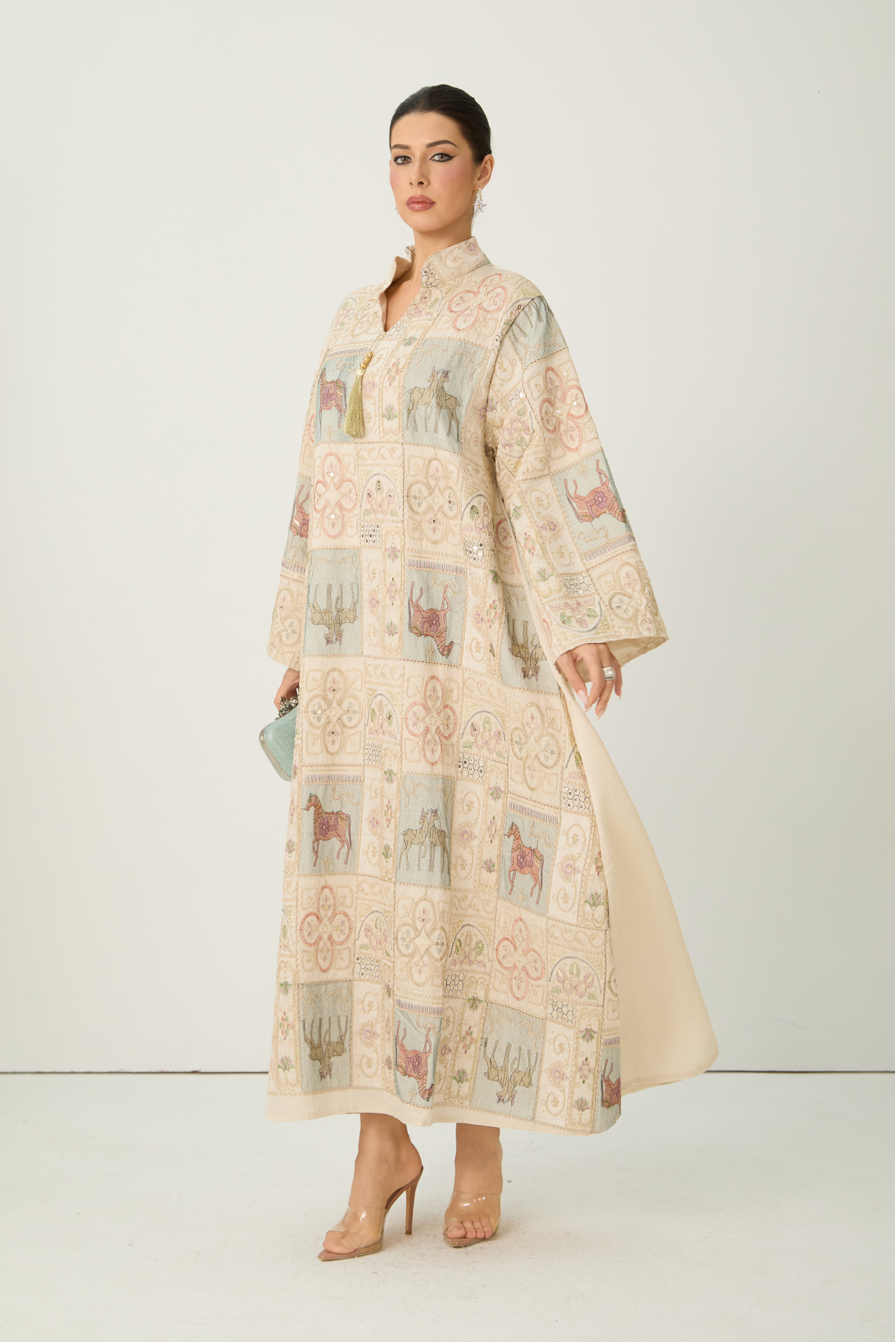 Refined Attitude Apricot Embroidered Animal Bell Sleeve Maxi Kaftan