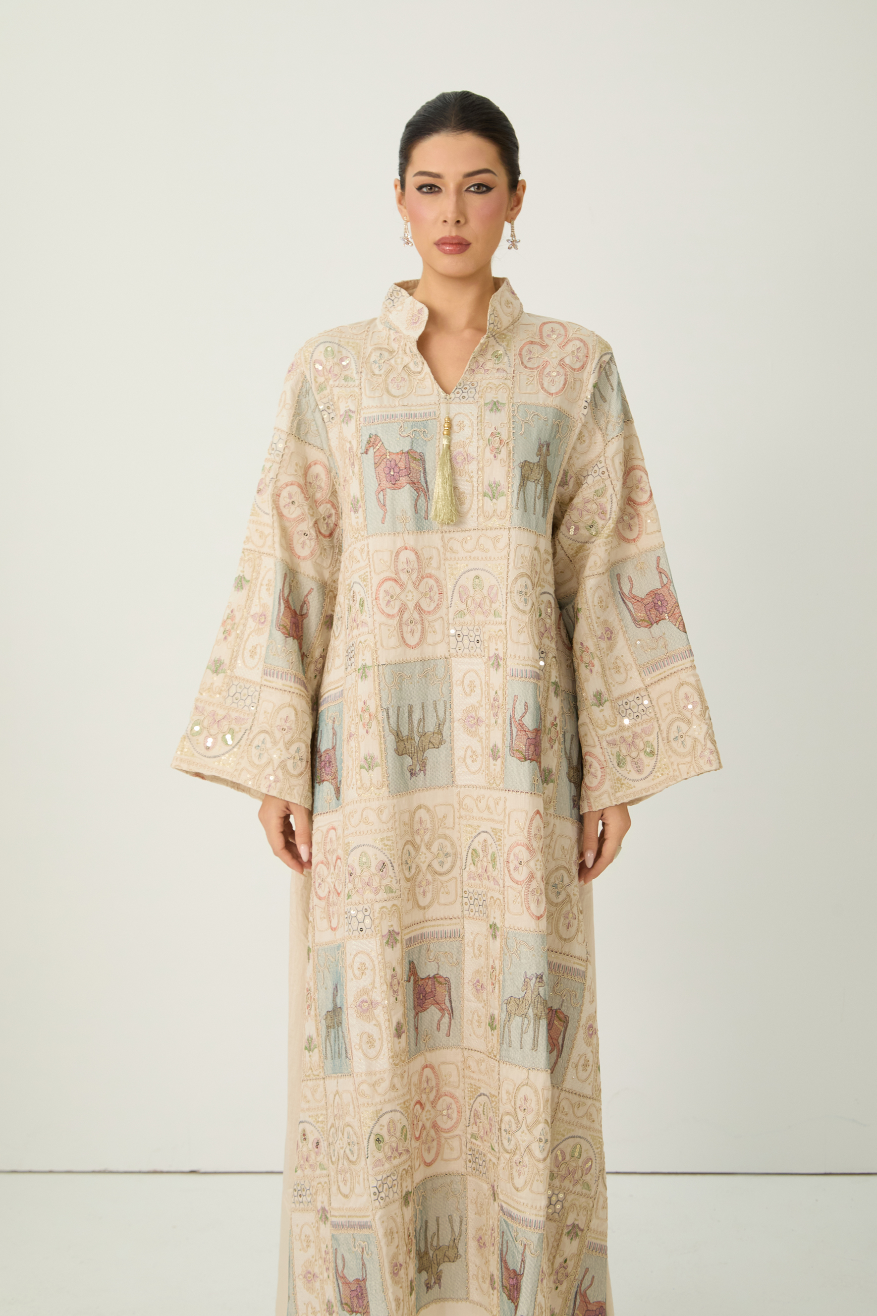 Refined Attitude Apricot Embroidered Animal Bell Sleeve Maxi Kaftan