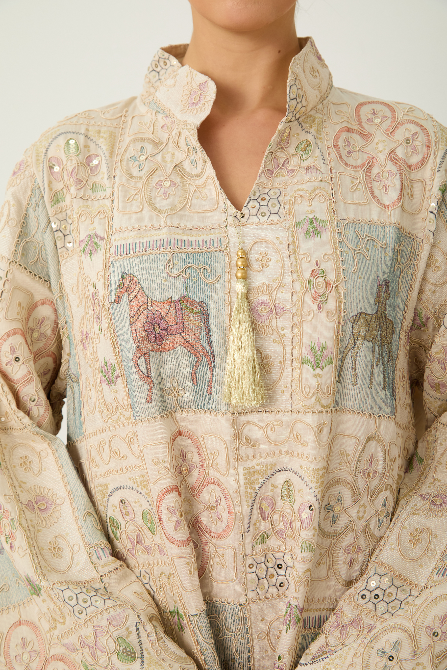 Refined Attitude Apricot Embroidered Animal Bell Sleeve Maxi Kaftan