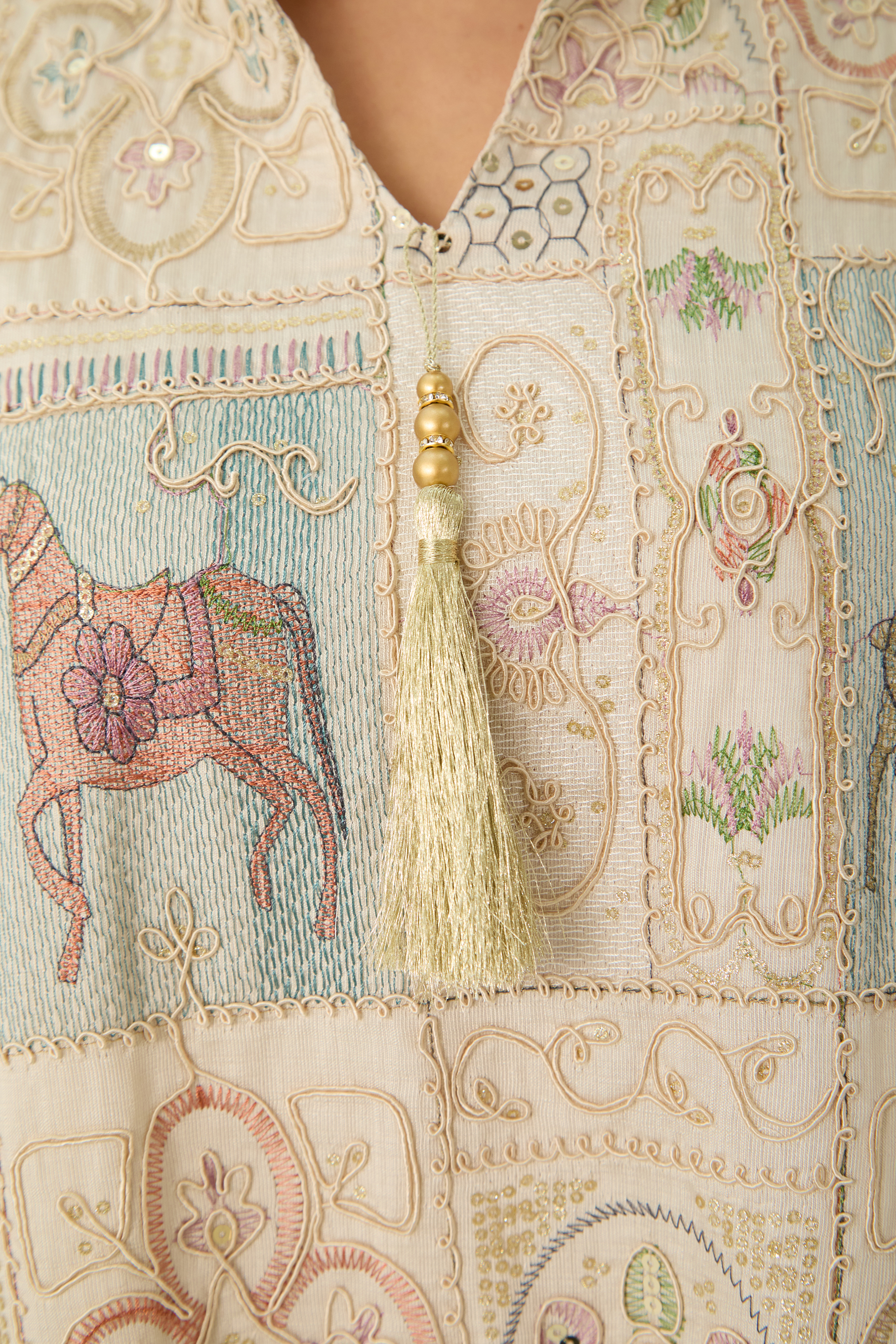 Refined Attitude Apricot Embroidered Animal Bell Sleeve Maxi Kaftan