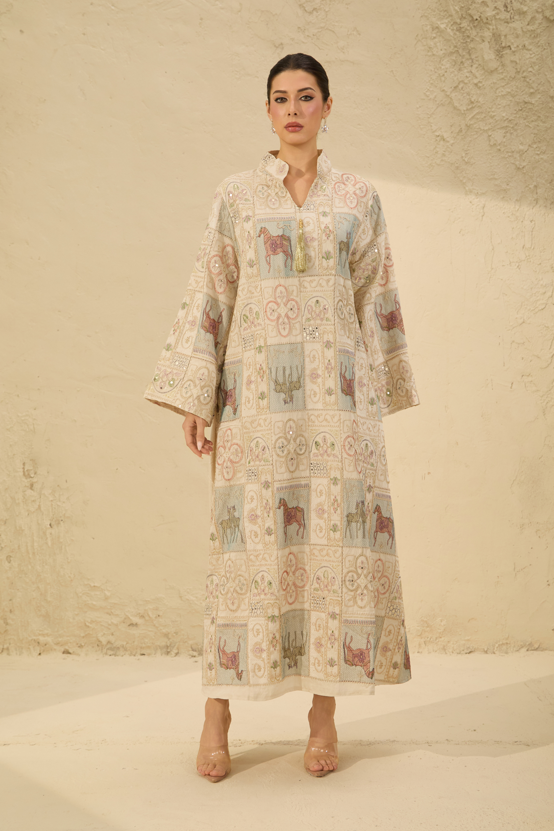 Refined Attitude Apricot Embroidered Animal Bell Sleeve Maxi Kaftan