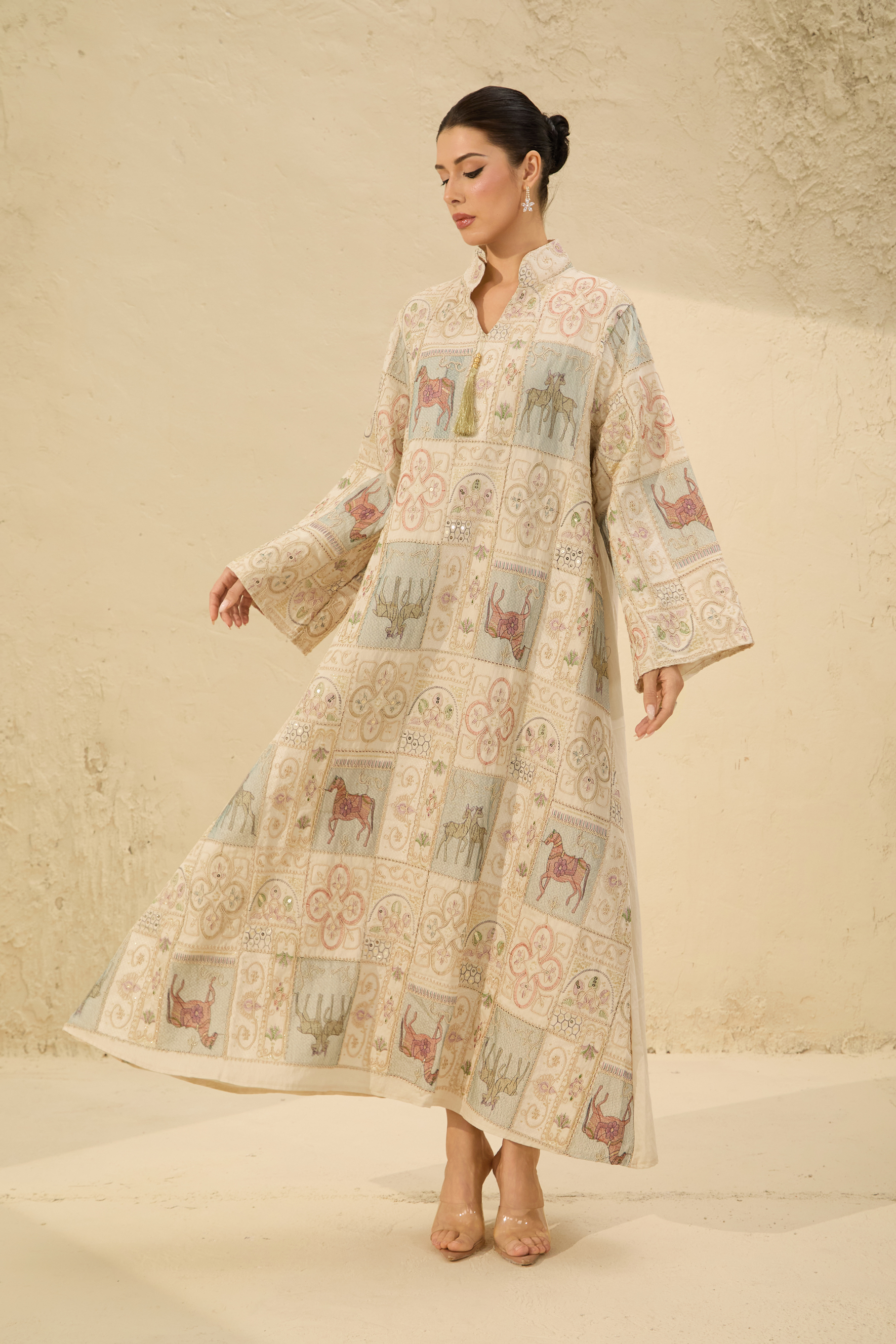 Refined Attitude Apricot Embroidered Animal Bell Sleeve Maxi Kaftan