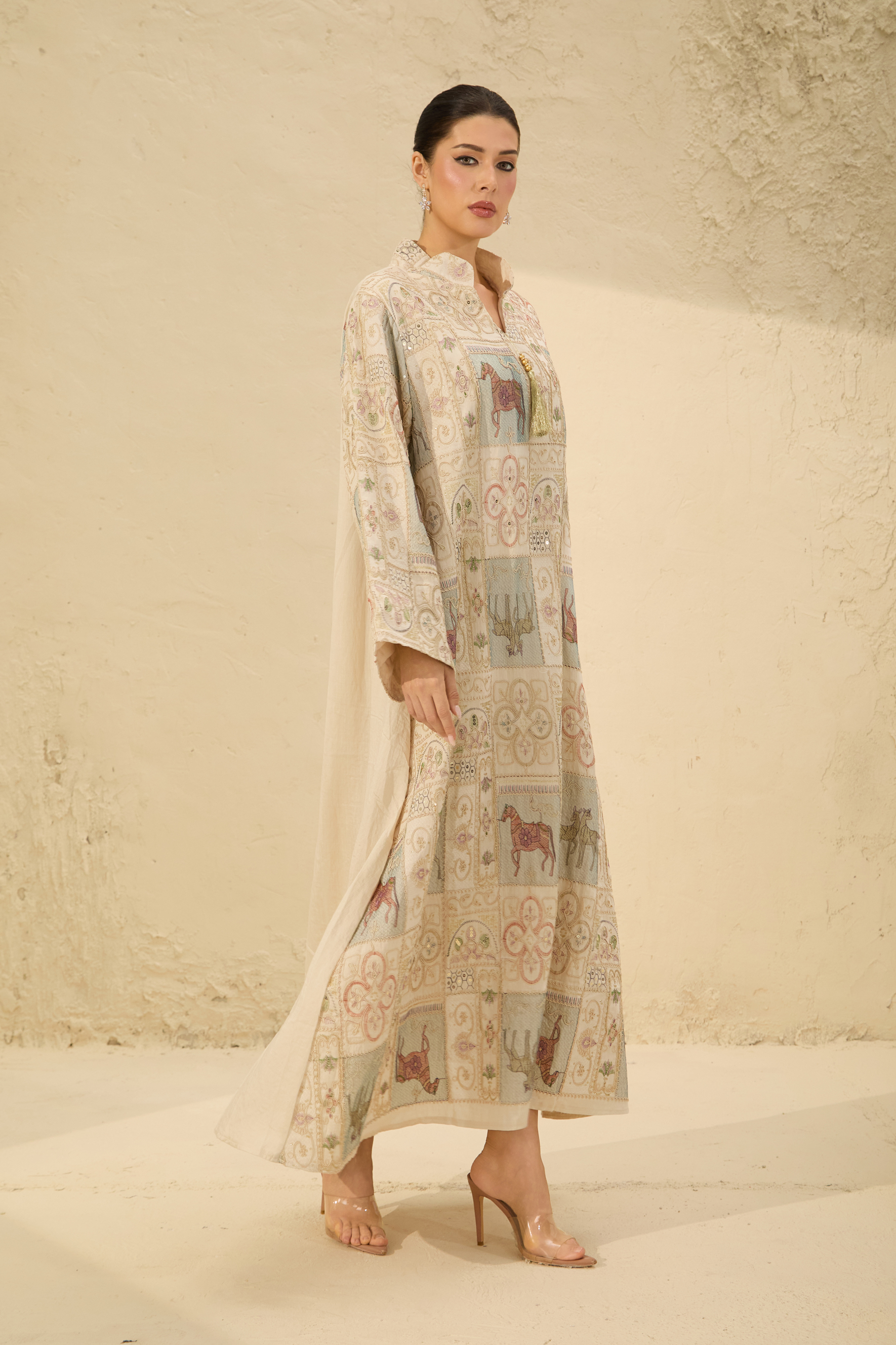 Refined Attitude Apricot Embroidered Animal Bell Sleeve Maxi Kaftan