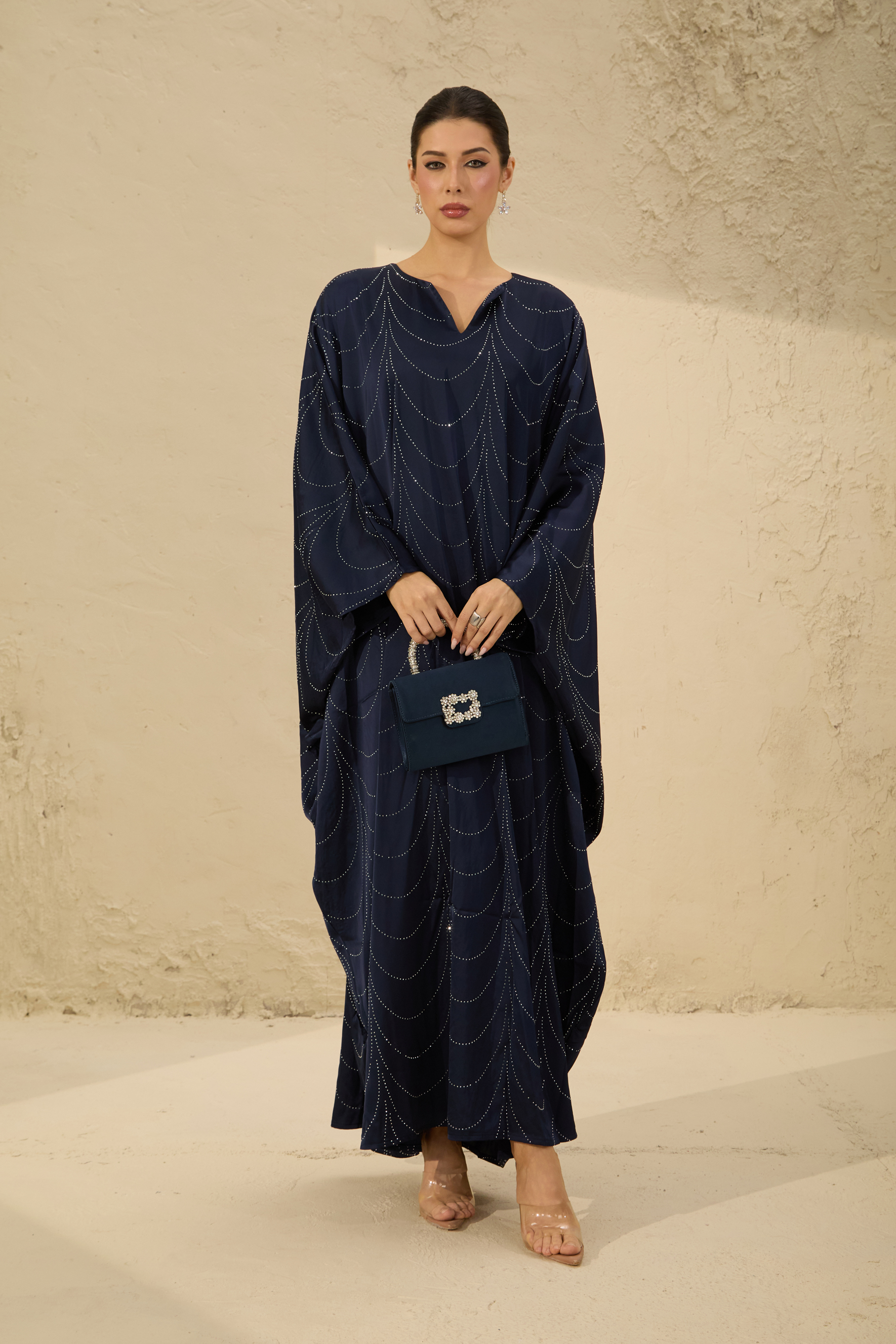 Signature Elegance Blue Rhinestone Embellished Draped Maxi Kaftan