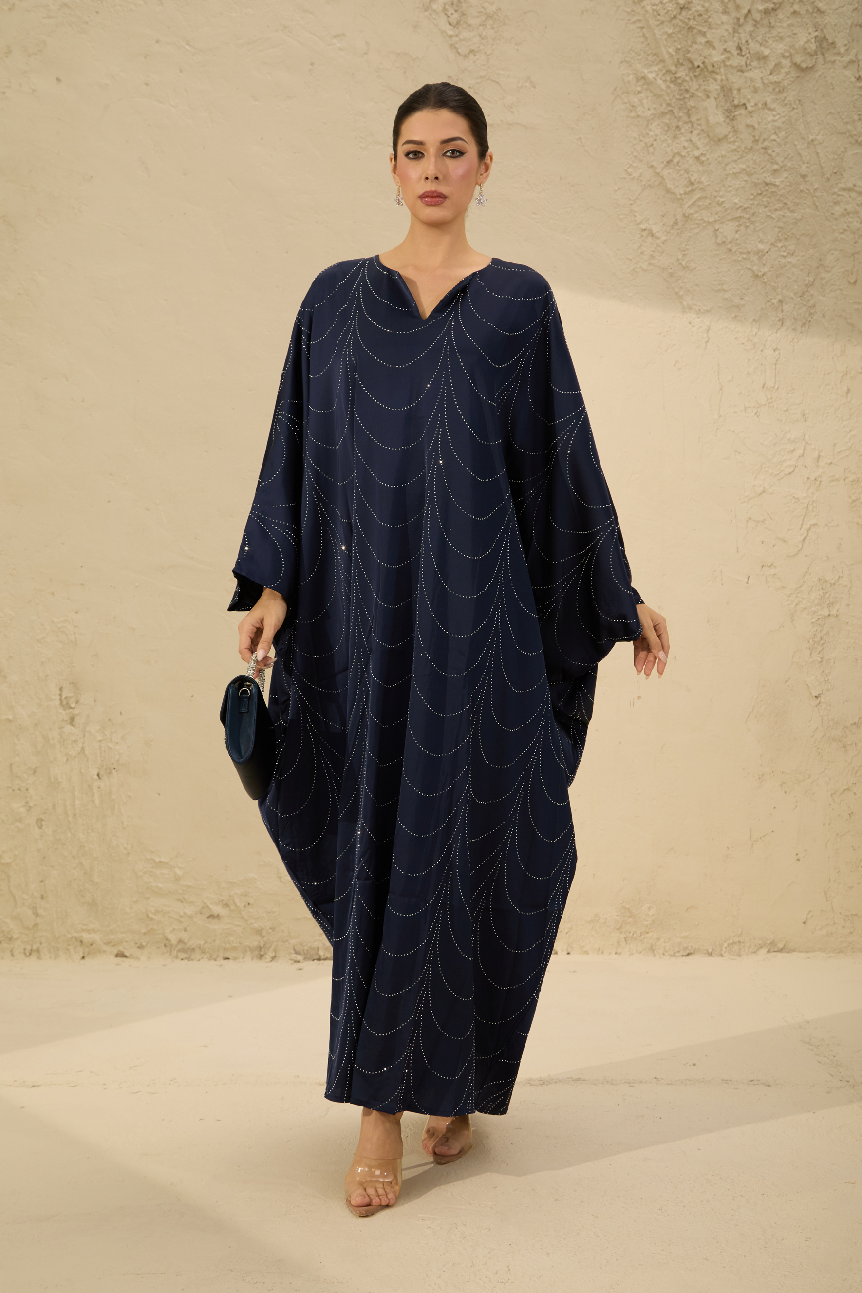Signature Elegance Blue Rhinestone Embellished Draped Maxi Kaftan
