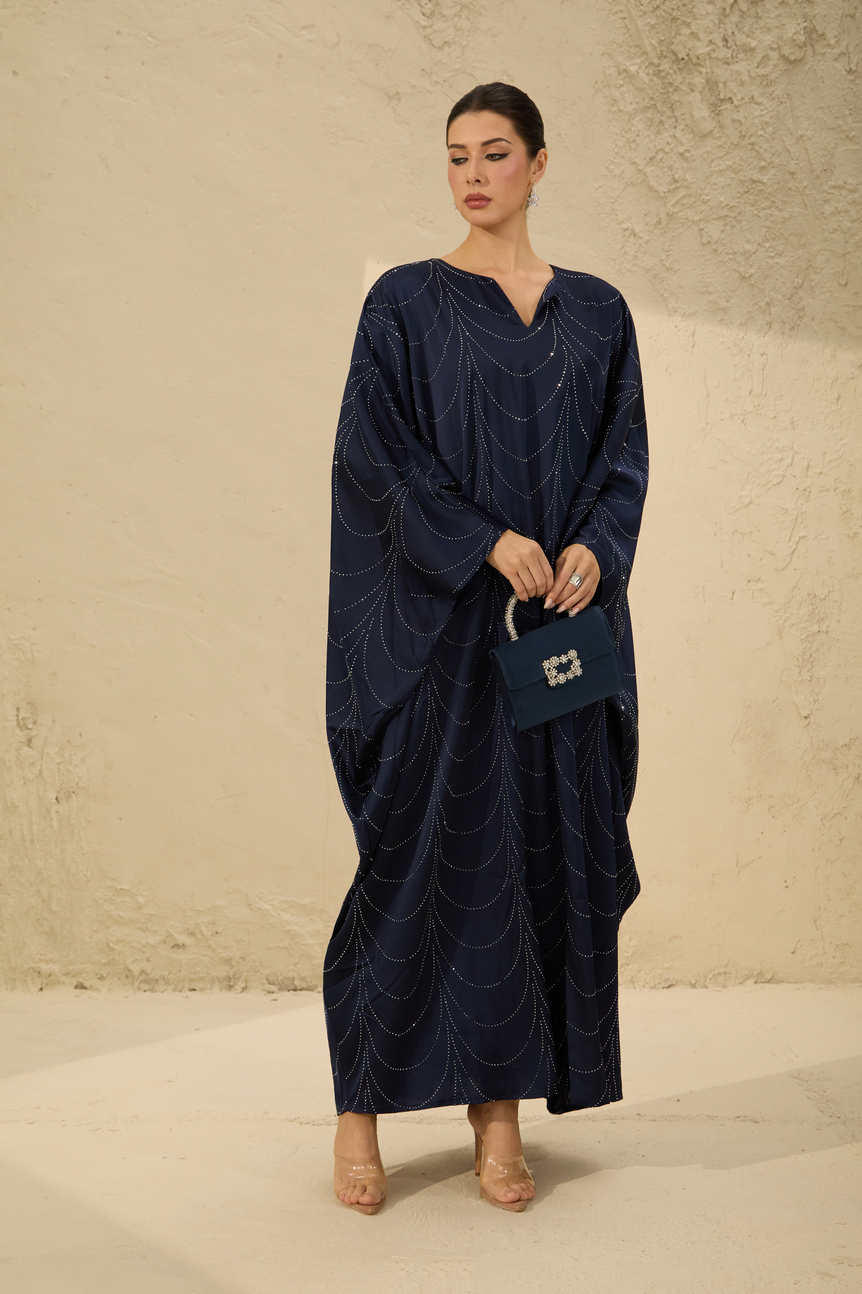 Signature Elegance Blue Rhinestone Embellished Draped Maxi Kaftan