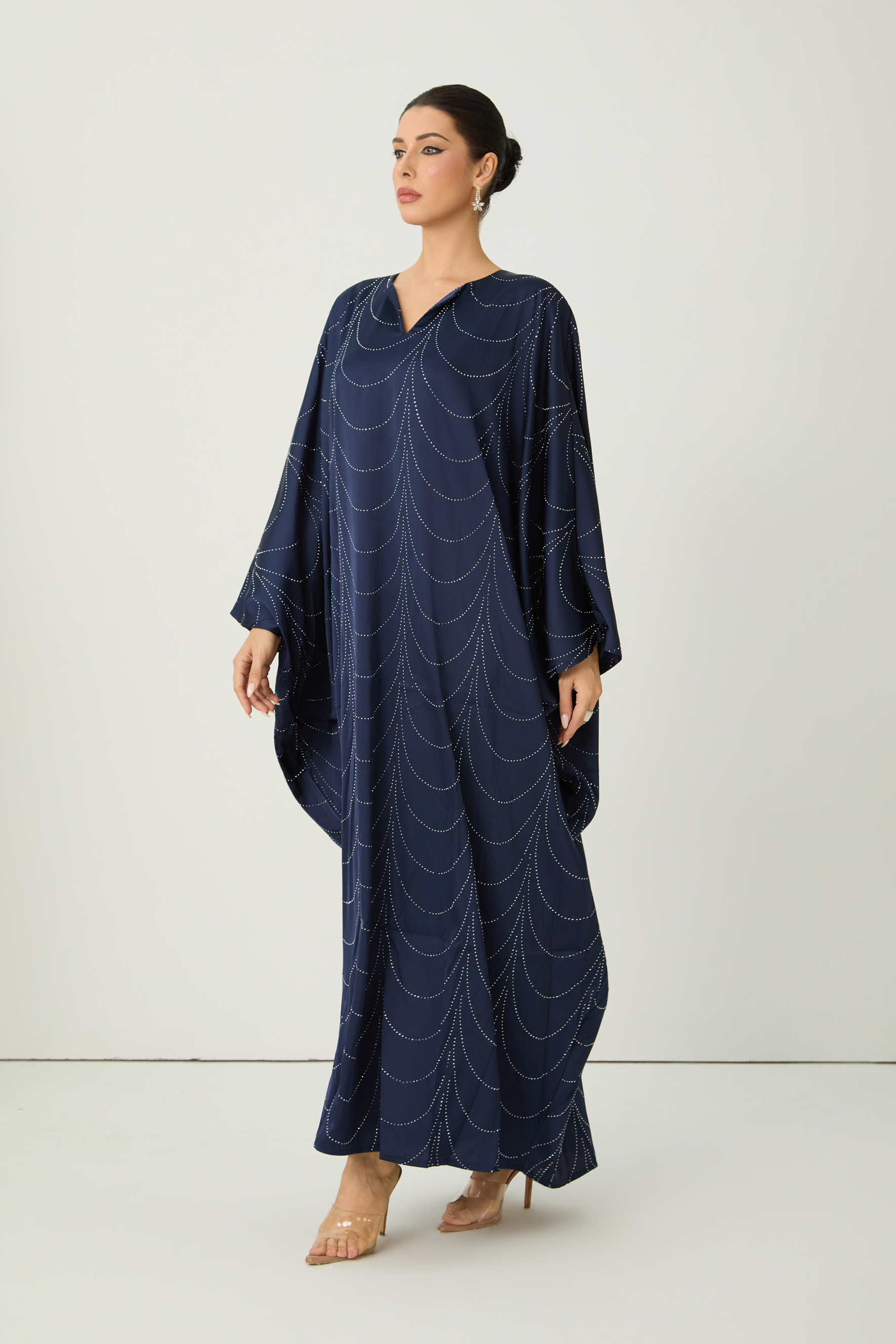 Signature Elegance Blue Rhinestone Embellished Draped Maxi Kaftan