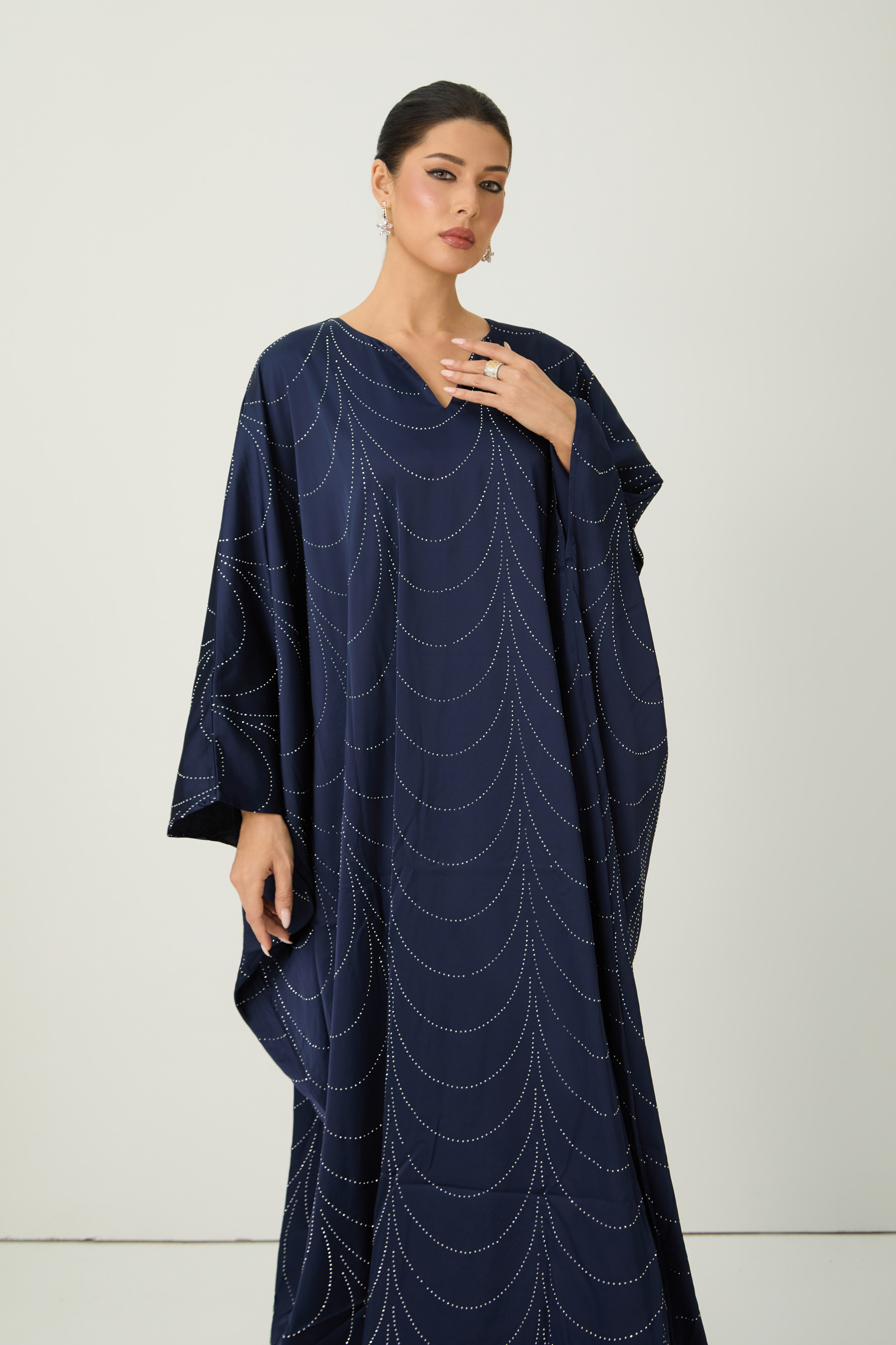Signature Elegance Blue Rhinestone Embellished Draped Maxi Kaftan