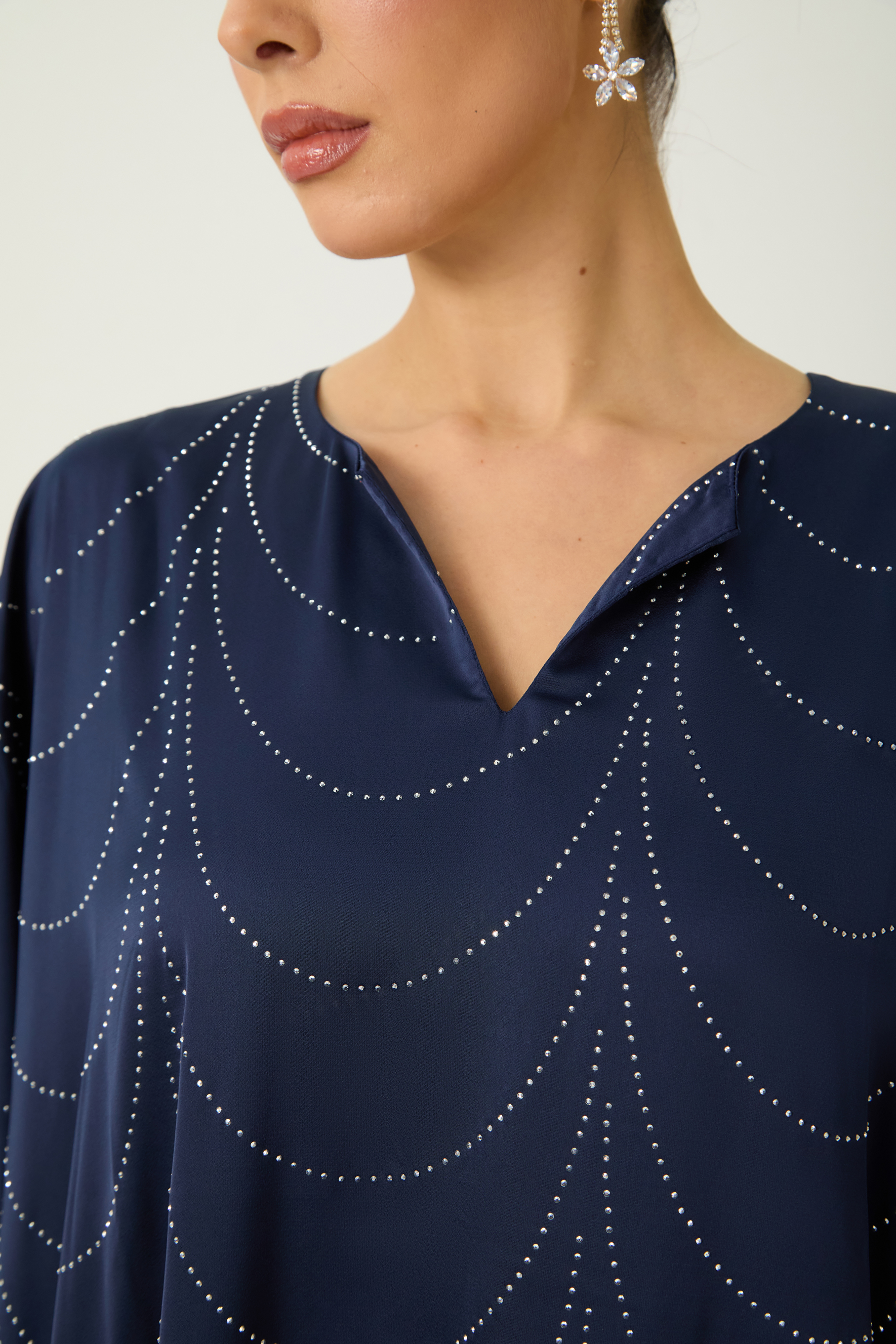 Signature Elegance Blue Rhinestone Embellished Draped Maxi Kaftan