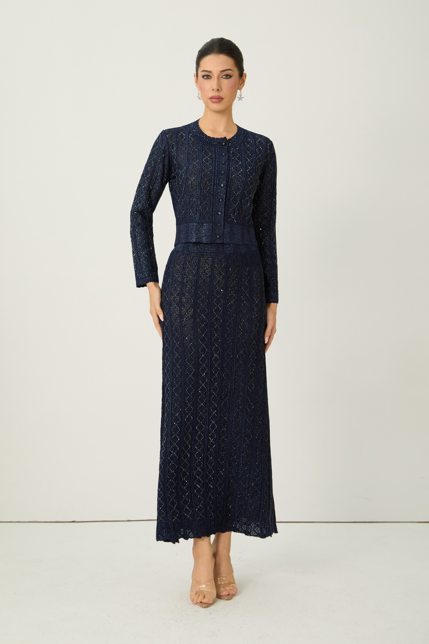 Radiant Personality Blue Diamond Knit Cardigan & Skirt Set