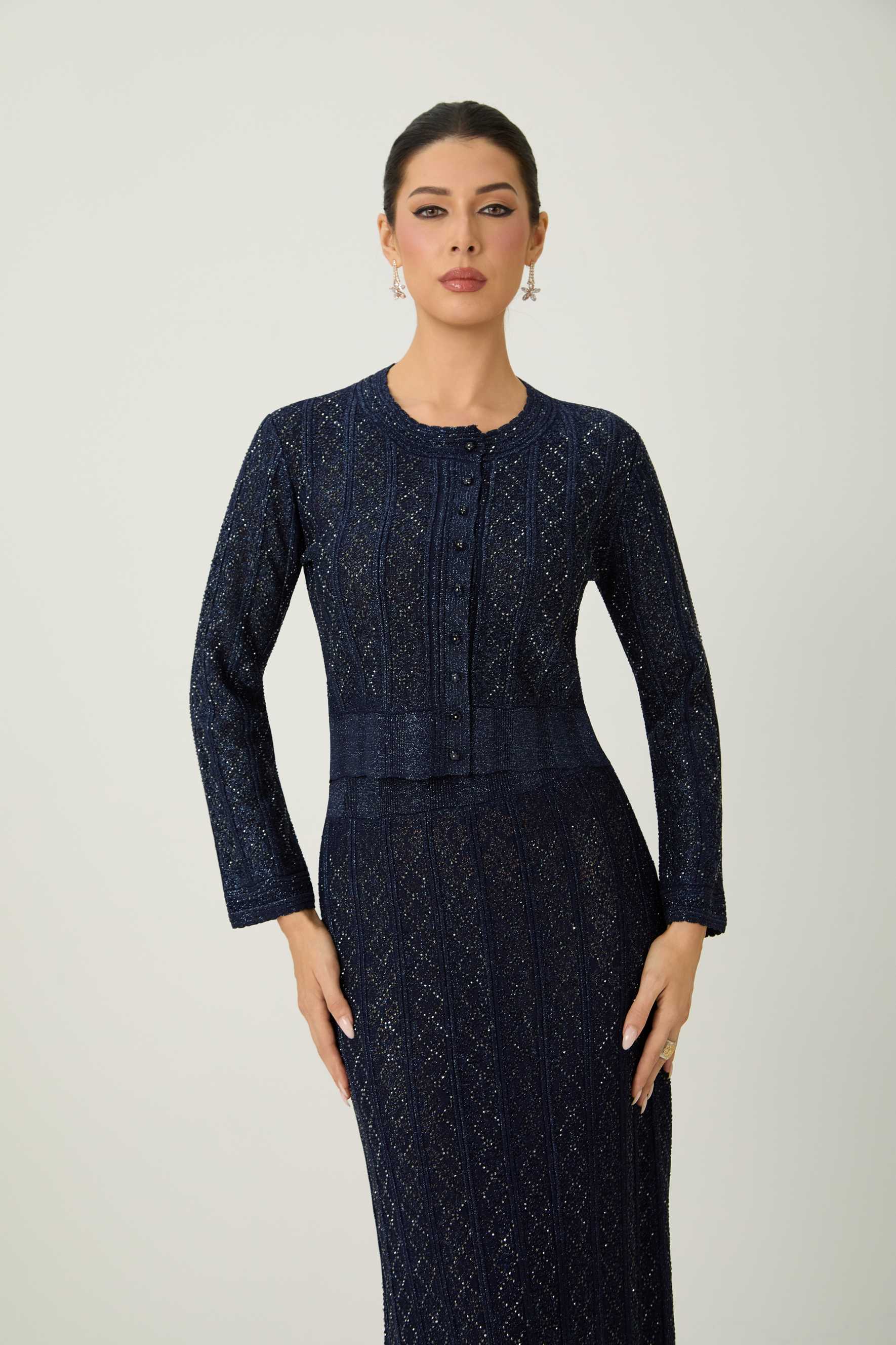 Radiant Personality Blue Diamond Knit Cardigan & Skirt Set