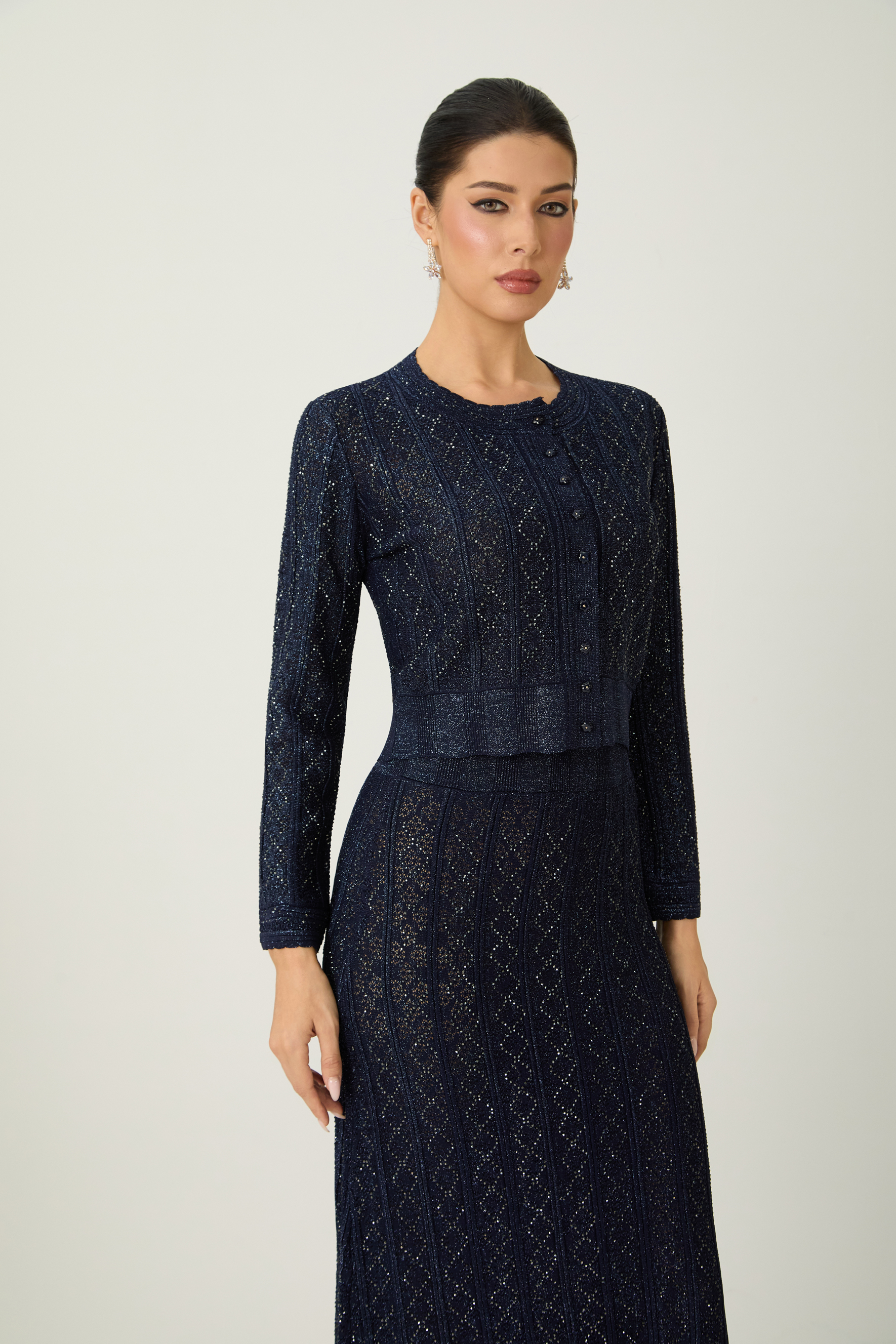 Radiant Personality Blue Diamond Knit Cardigan & Skirt Set