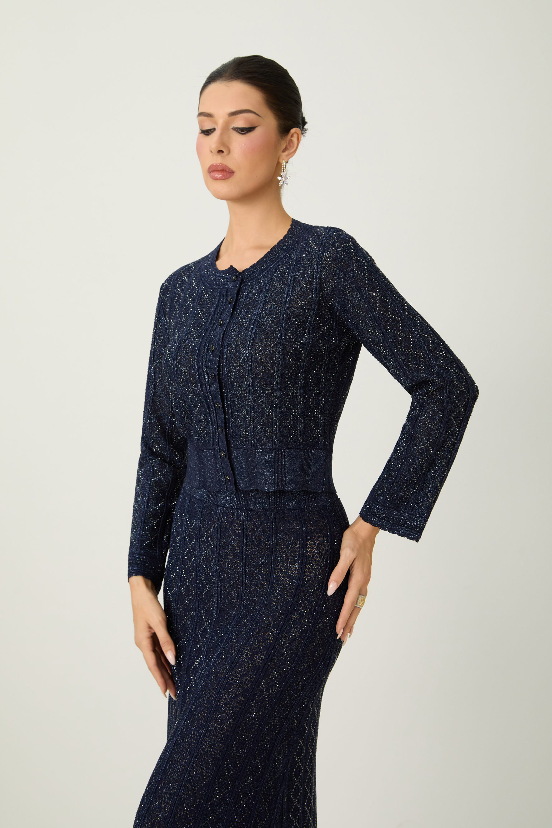 Radiant Personality Blue Diamond Knit Cardigan & Skirt Set