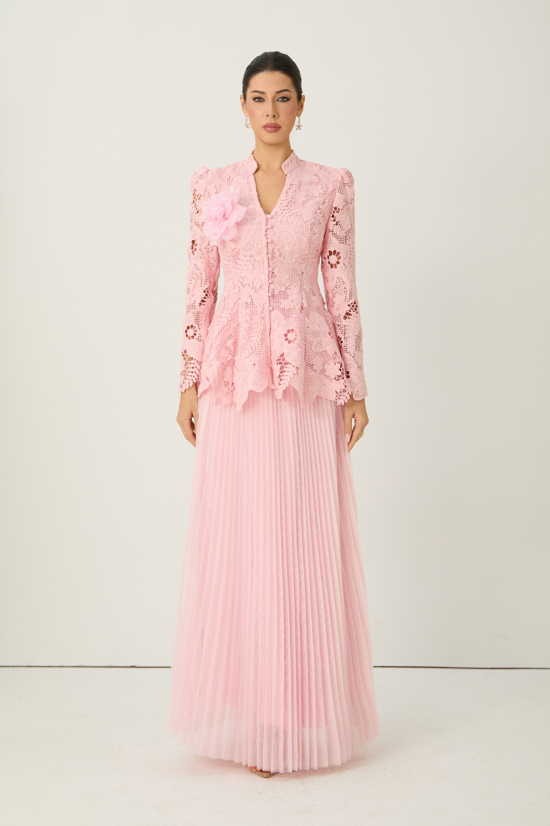 Adoring Me Pinkk Lace Flower Top & Pleated Skirt Set