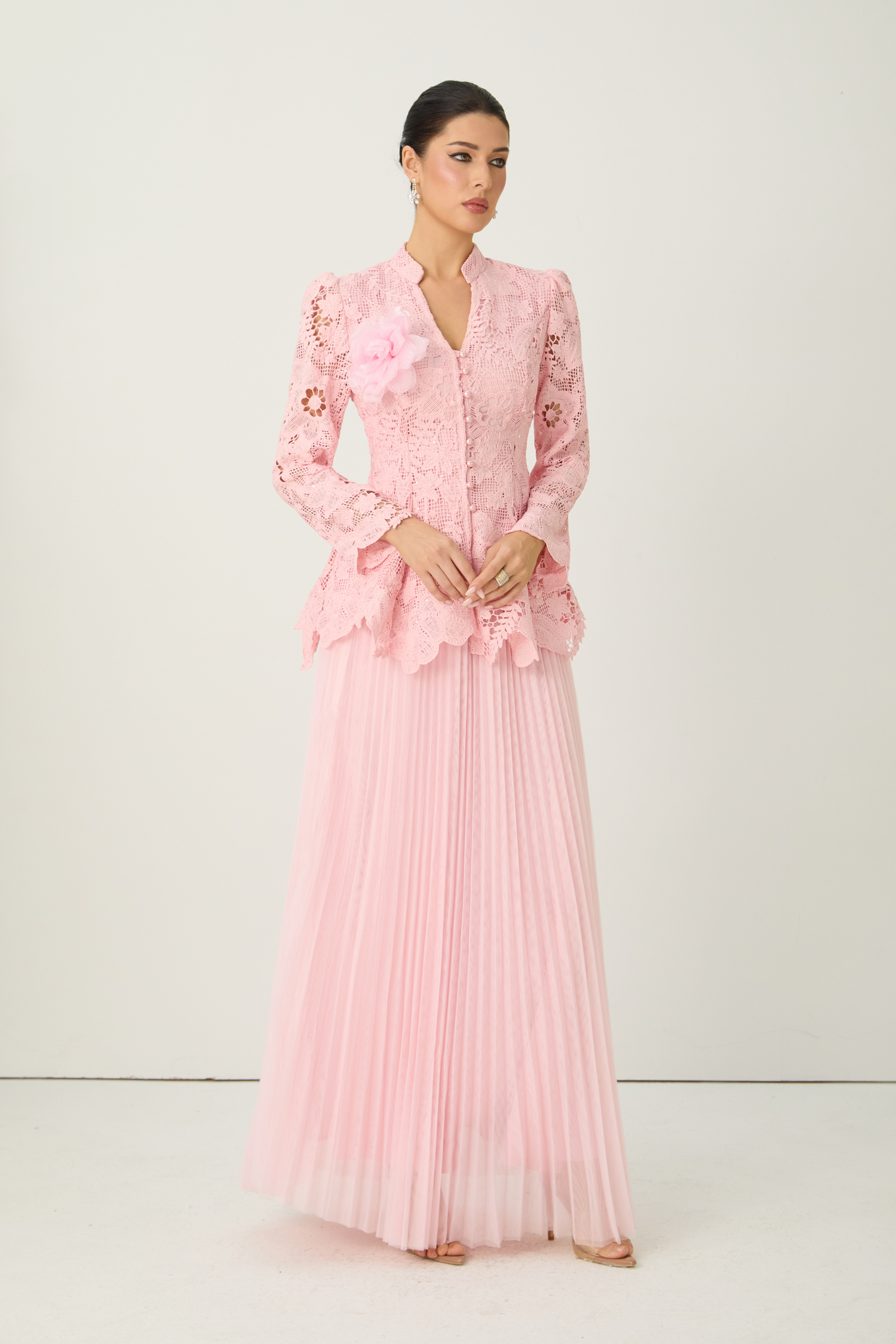 Adoring Me Pinkk Lace Flower Top & Pleated Skirt Set