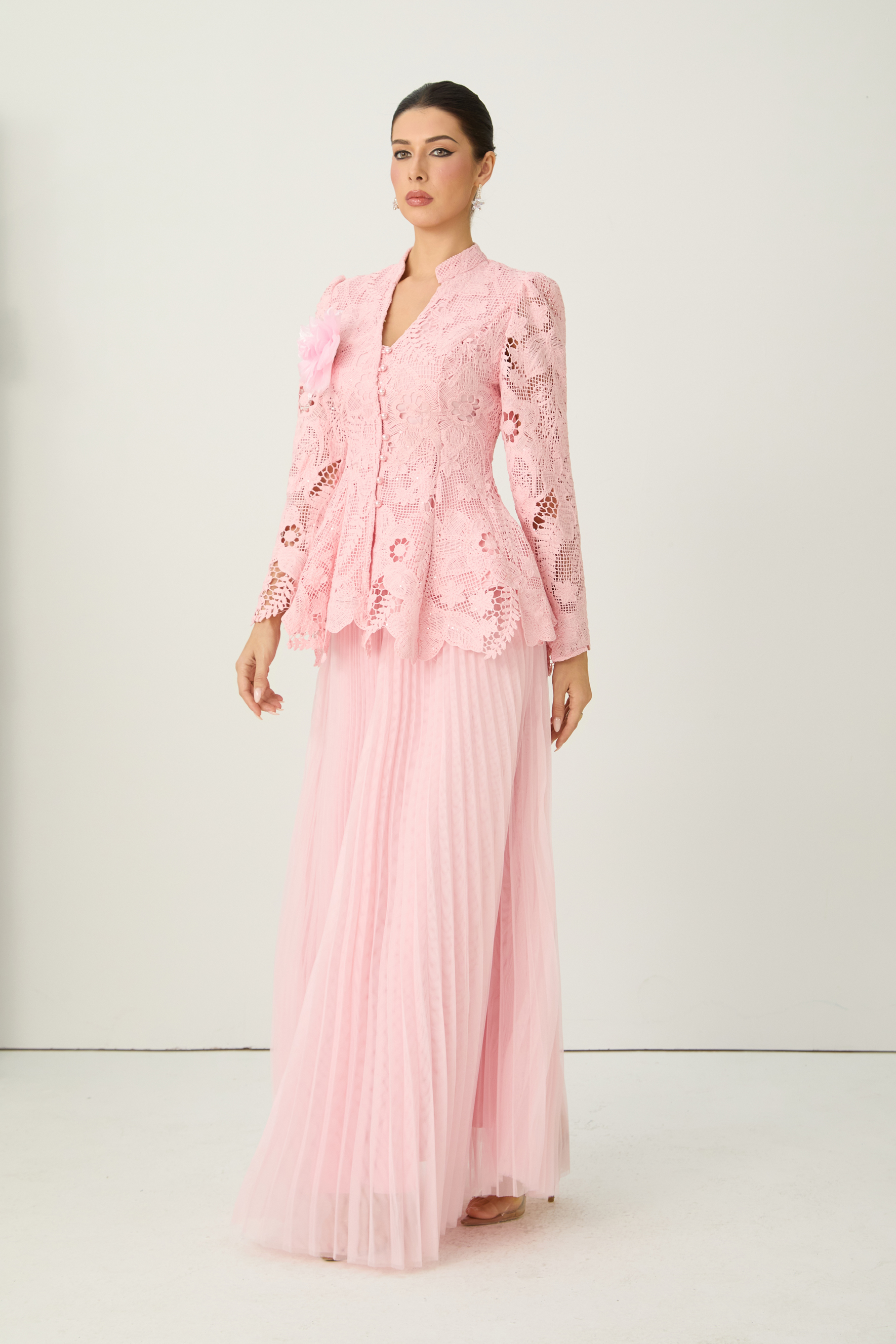 Adoring Me Pinkk Lace Flower Top & Pleated Skirt Set