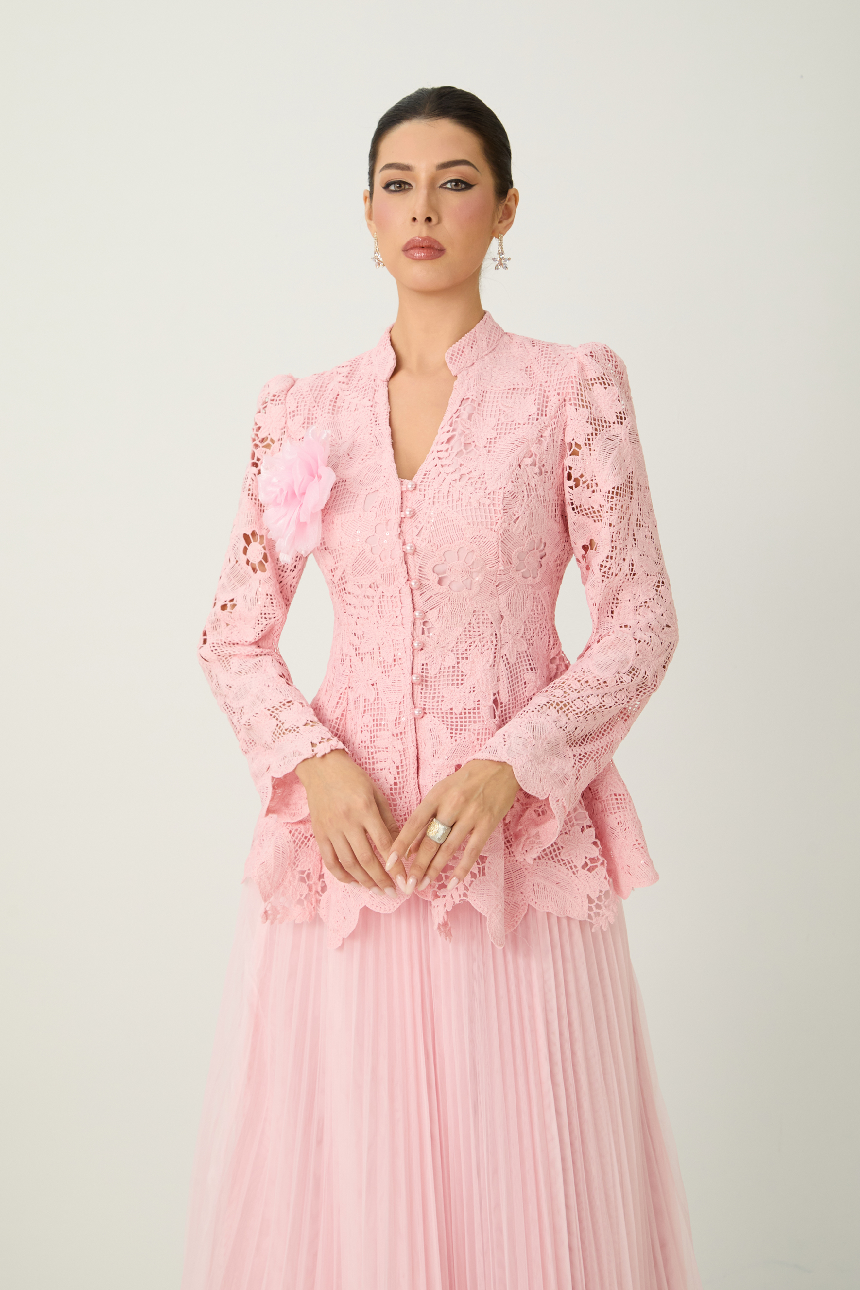 Adoring Me Pinkk Lace Flower Top & Pleated Skirt Set
