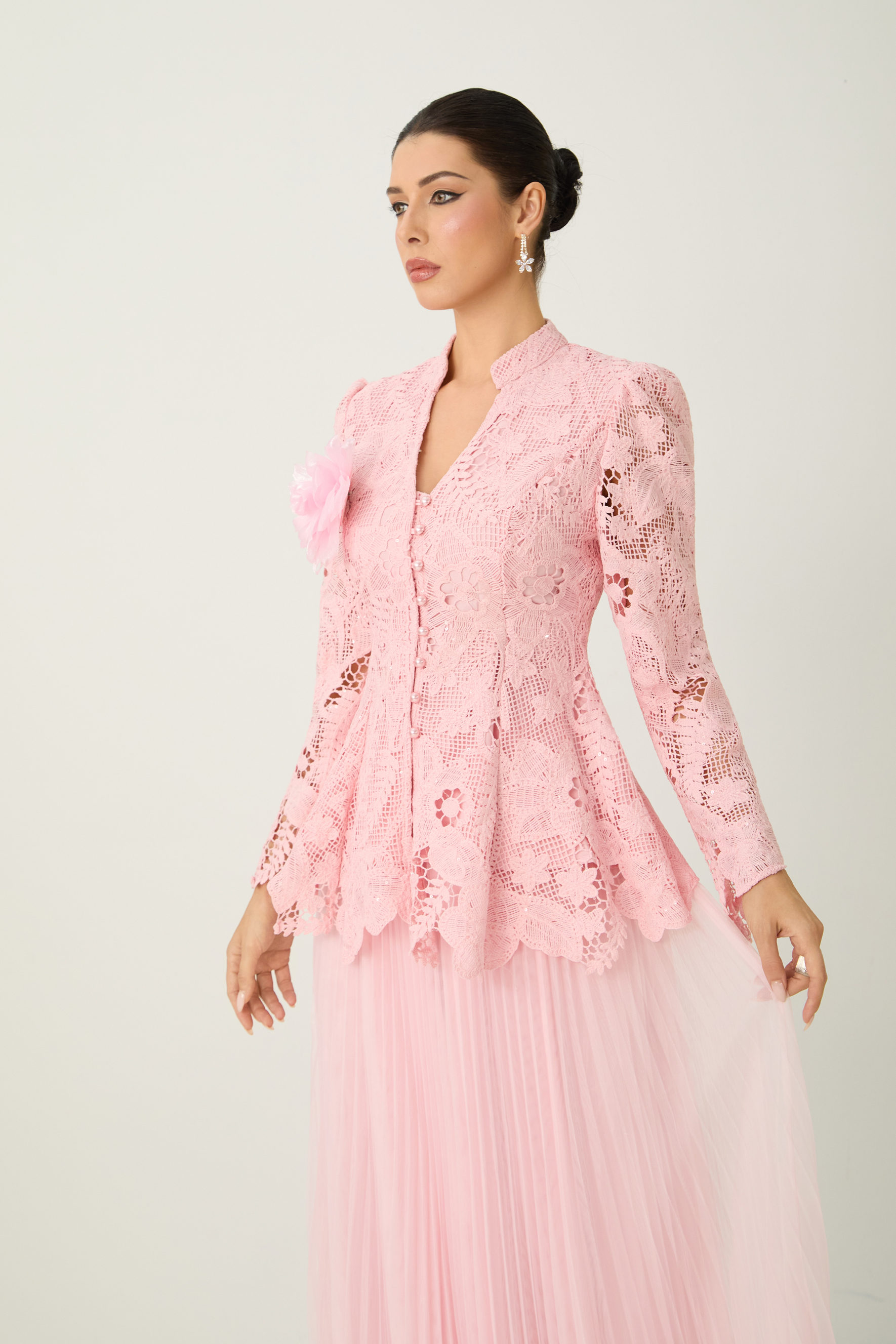 Adoring Me Pinkk Lace Flower Top & Pleated Skirt Set