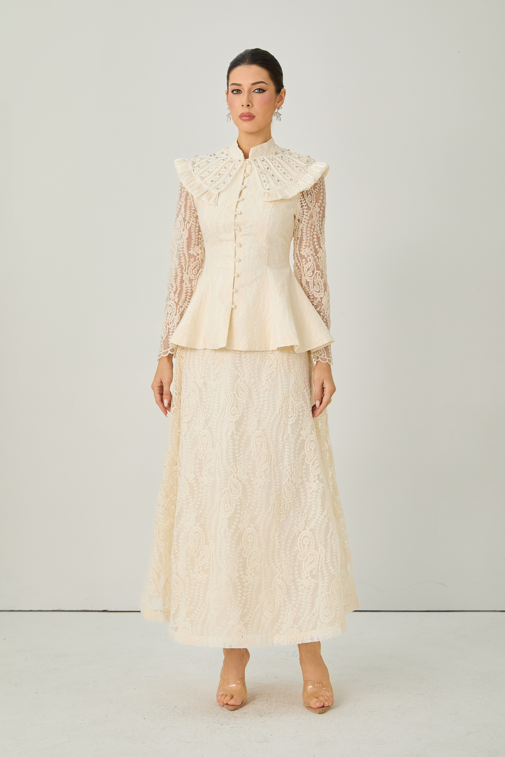All My Adoration Beige Embroidered Lace Sheer Sleeve Top & Skirt Set