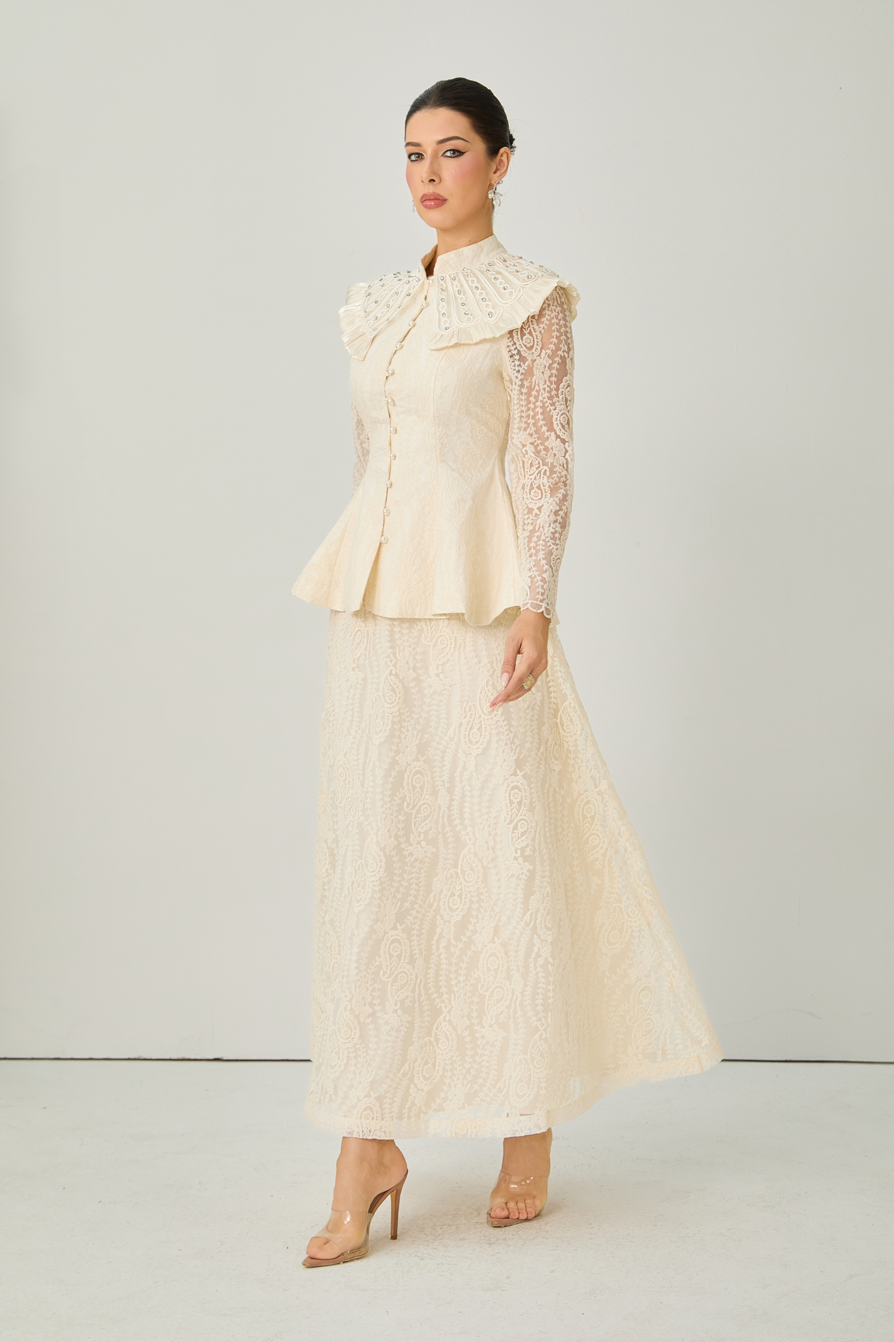 All My Adoration Beige Embroidered Lace Sheer Sleeve Top & Skirt Set