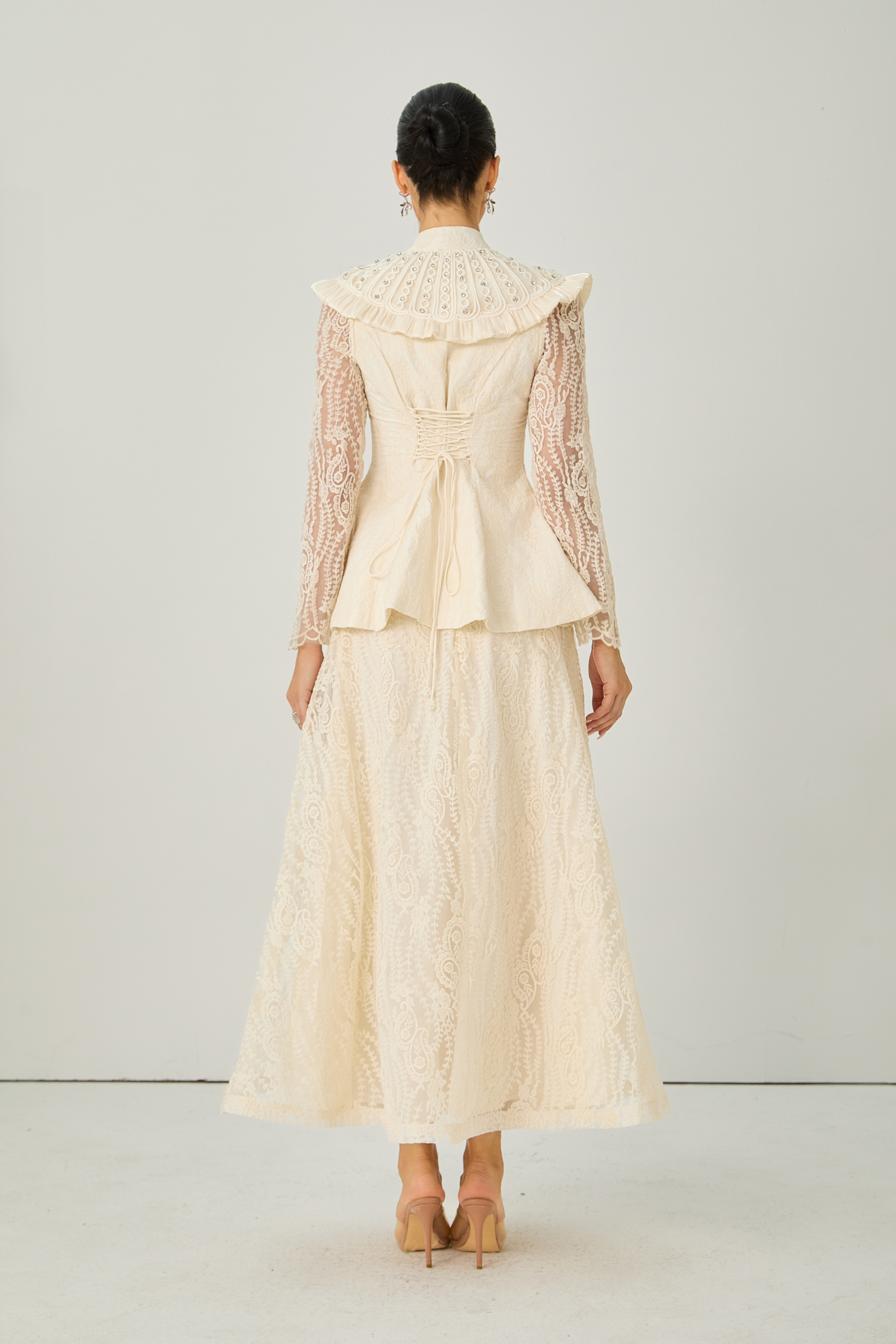 All My Adoration Beige Embroidered Lace Sheer Sleeve Top & Skirt Set