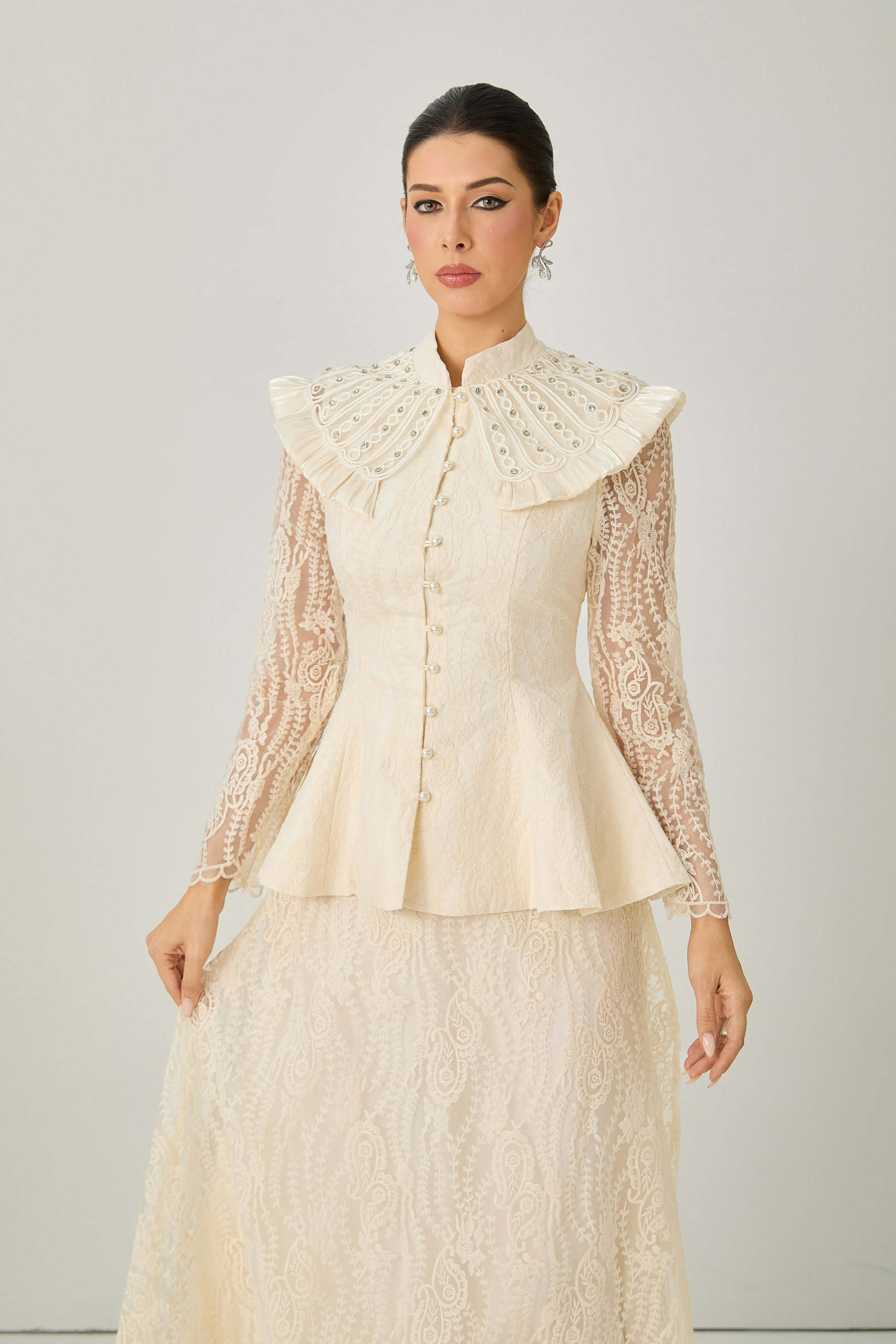 All My Adoration Beige Embroidered Lace Sheer Sleeve Top & Skirt Set