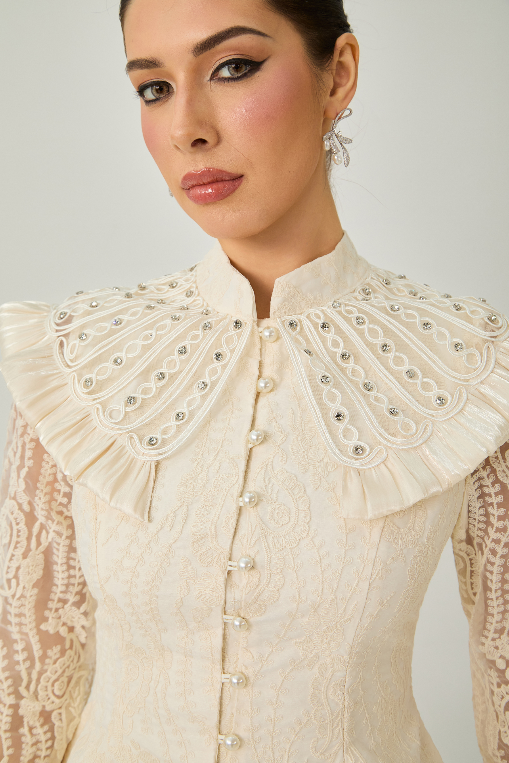 All My Adoration Beige Embroidered Lace Sheer Sleeve Top & Skirt Set