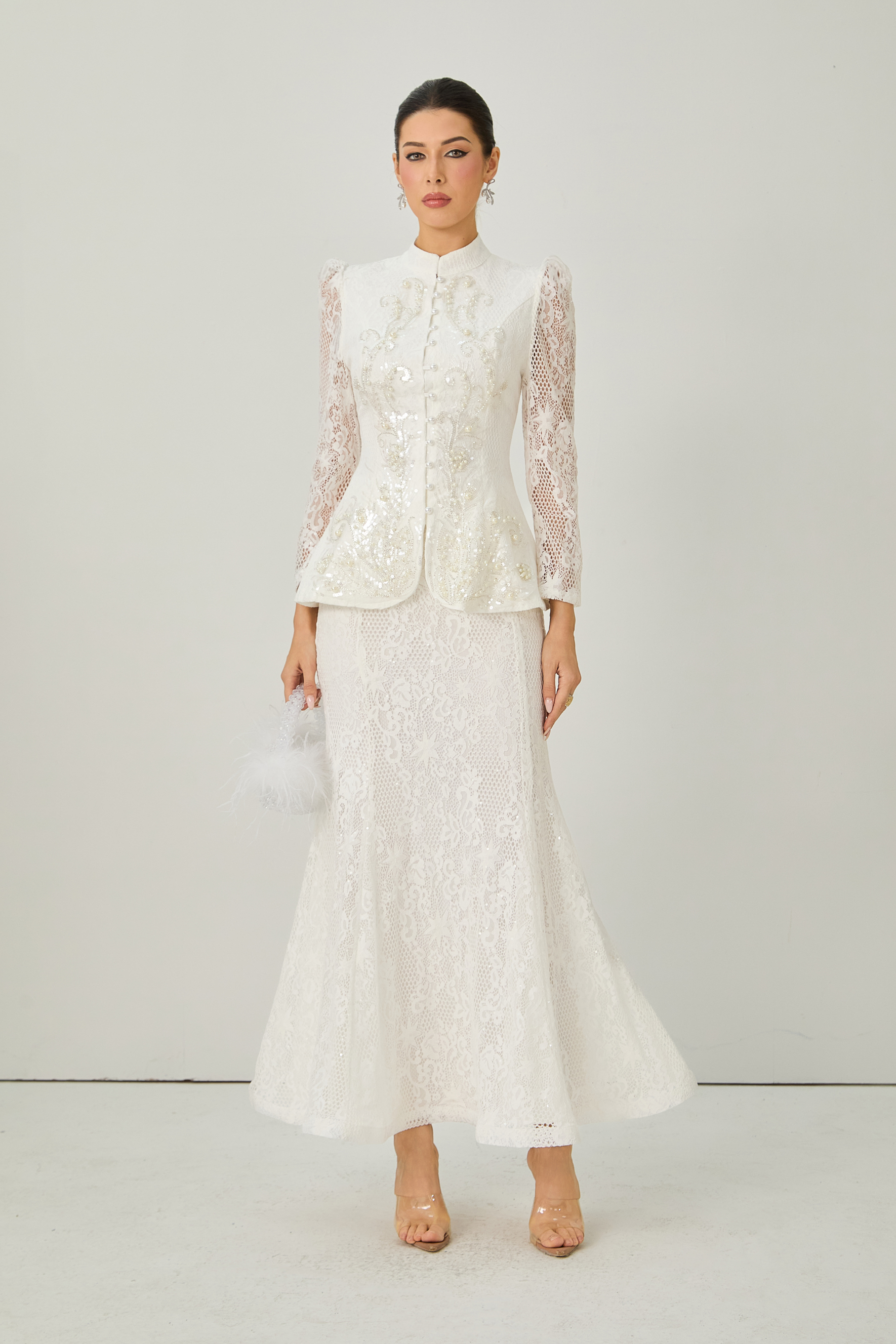 Picturesque Moments White Pearl Embroidered Lace Top & Skirt Set