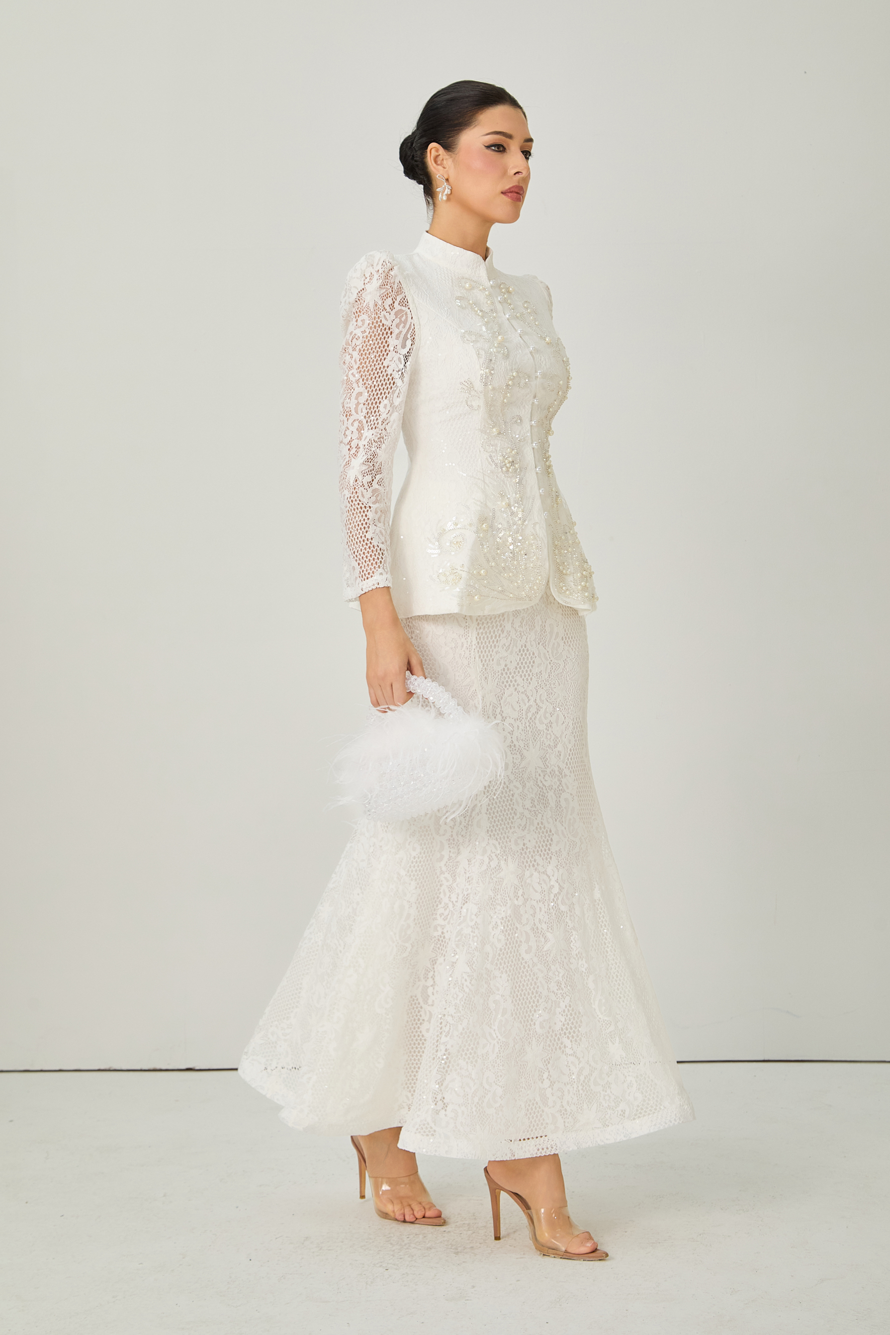 Picturesque Moments White Pearl Embroidered Lace Top & Skirt Set