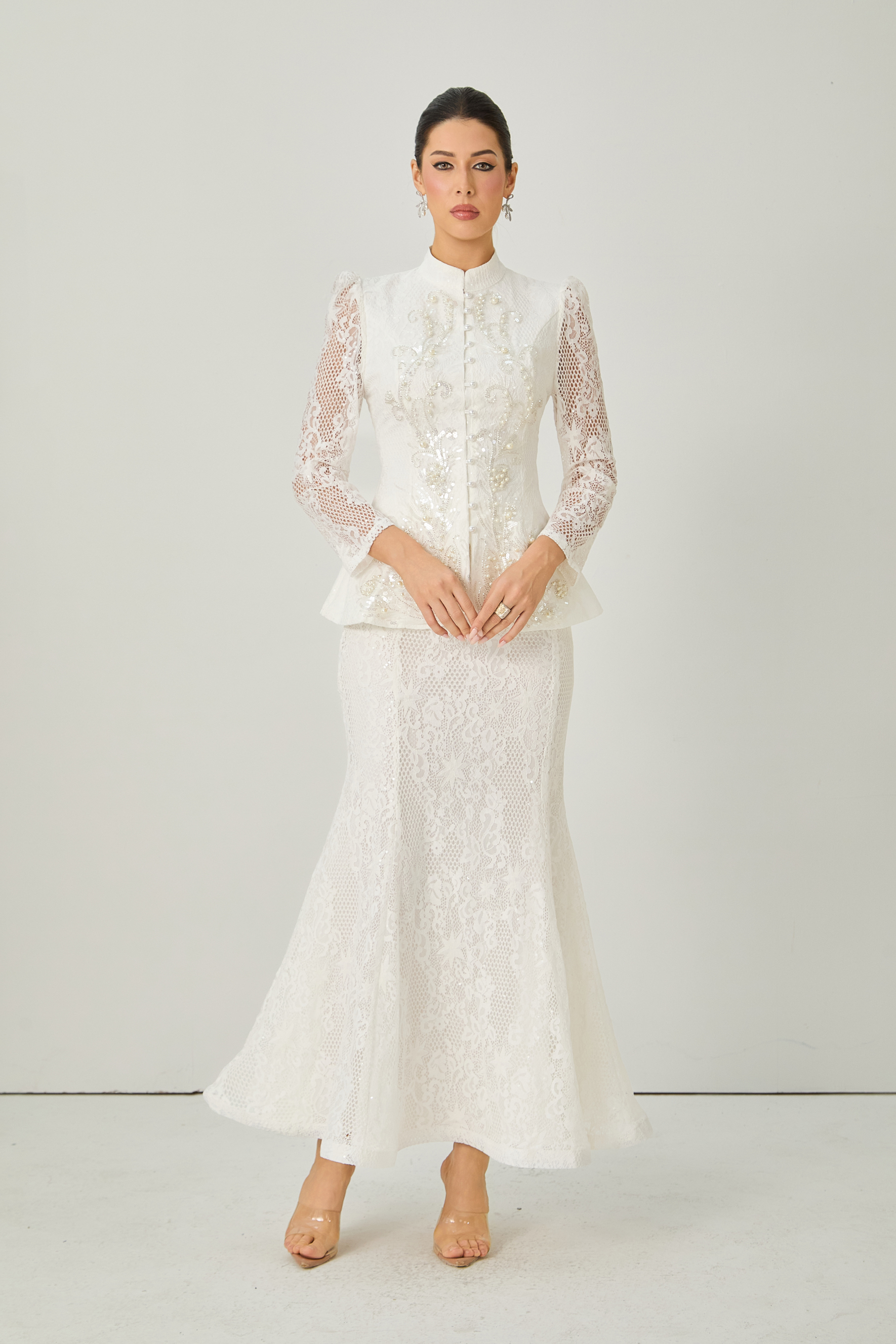 Picturesque Moments White Pearl Embroidered Lace Top & Skirt Set