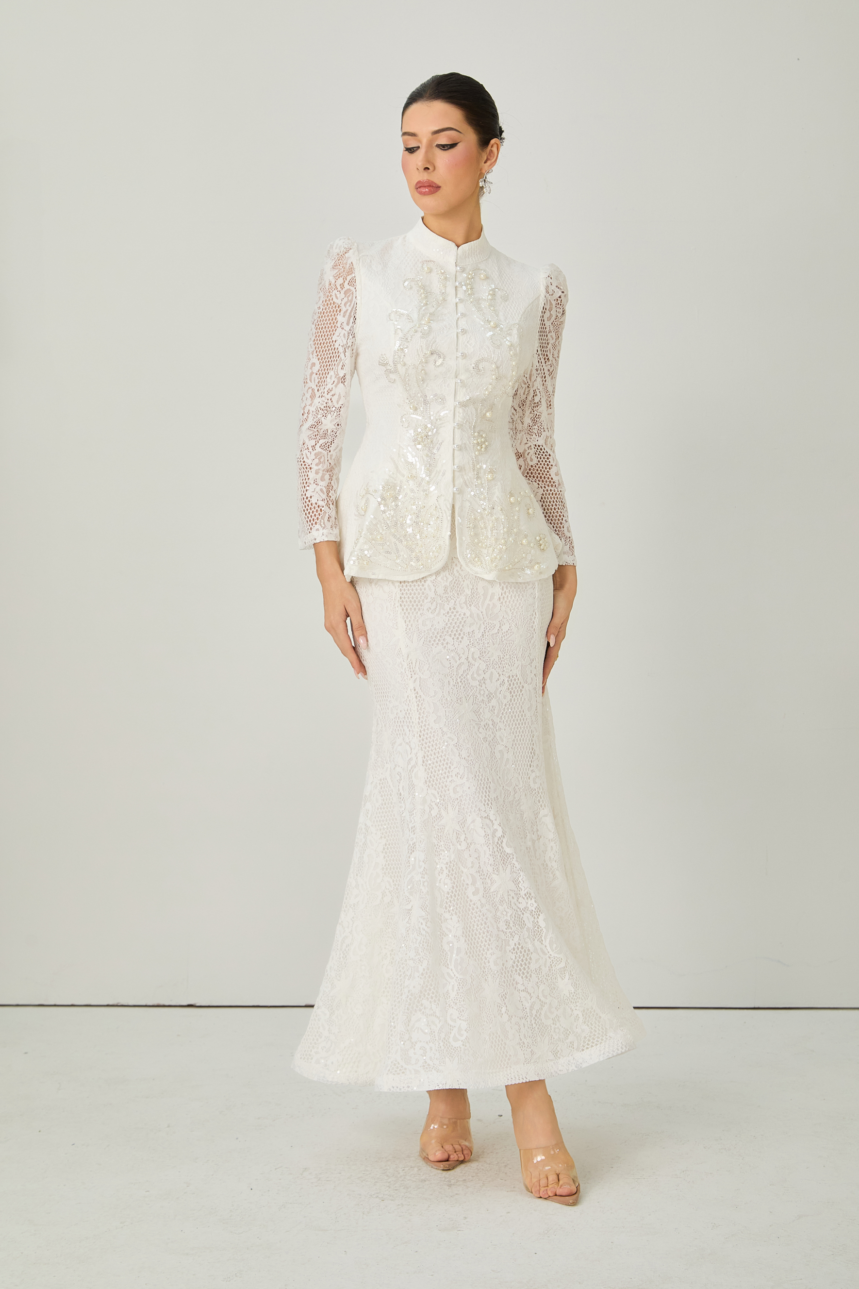 Picturesque Moments White Pearl Embroidered Lace Top & Skirt Set