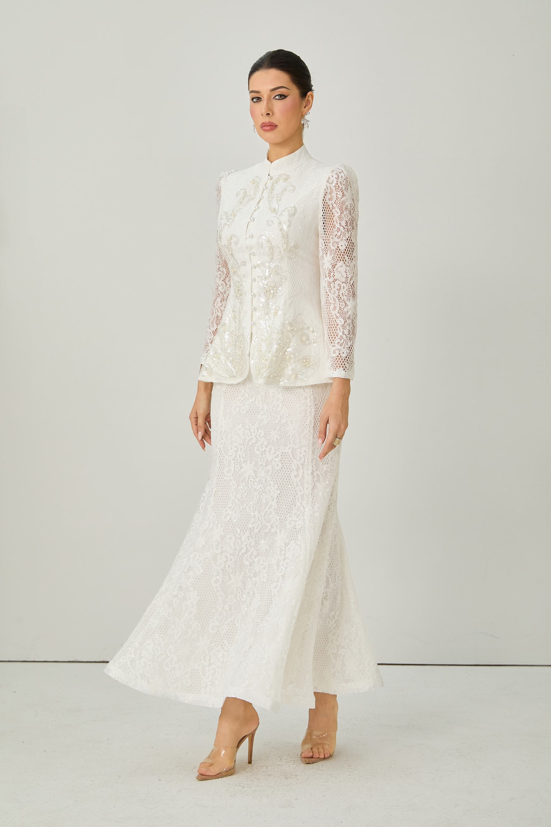 Picturesque Moments White Pearl Embroidered Lace Top & Skirt Set