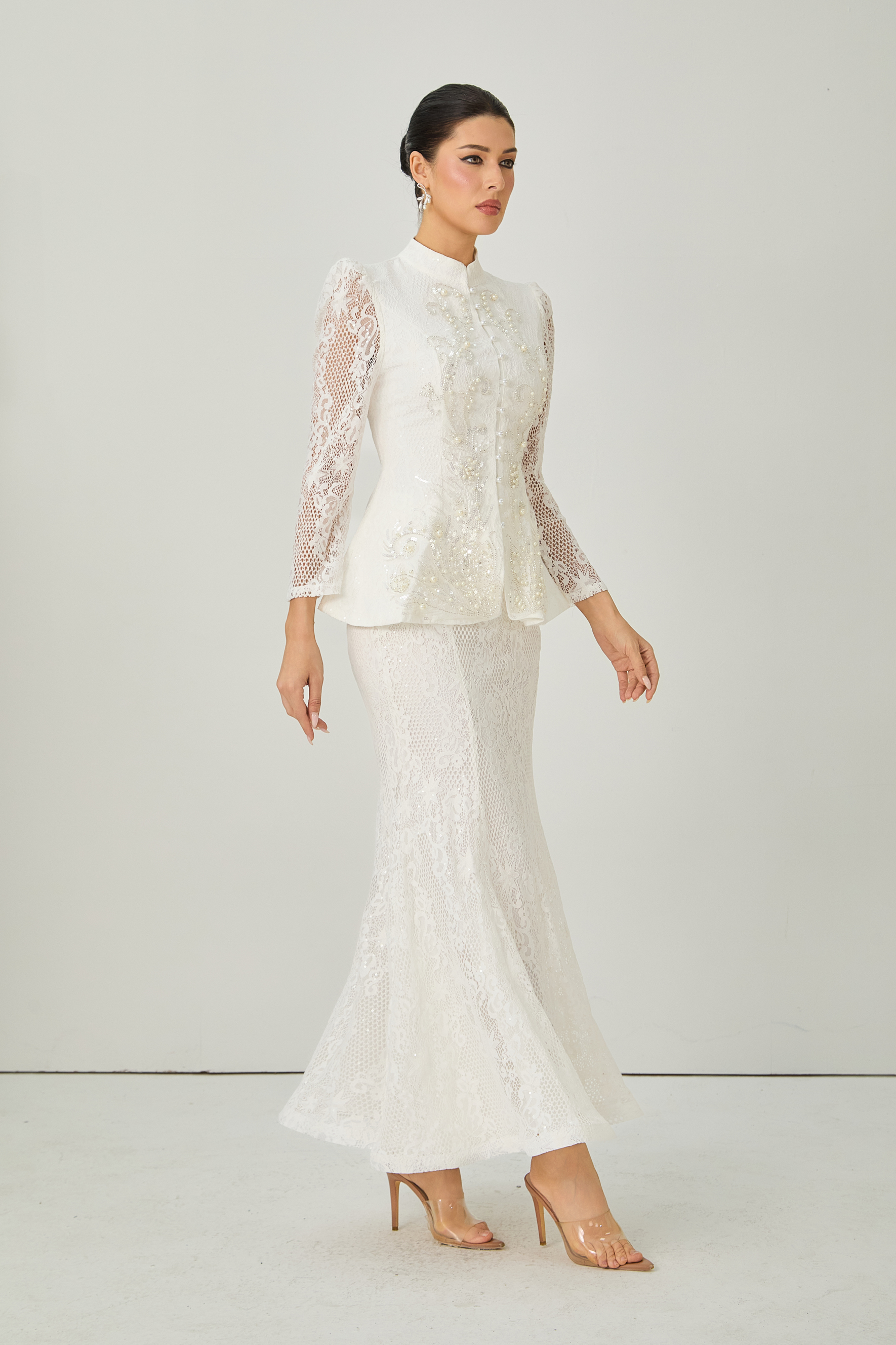 Picturesque Moments White Pearl Embroidered Lace Top & Skirt Set