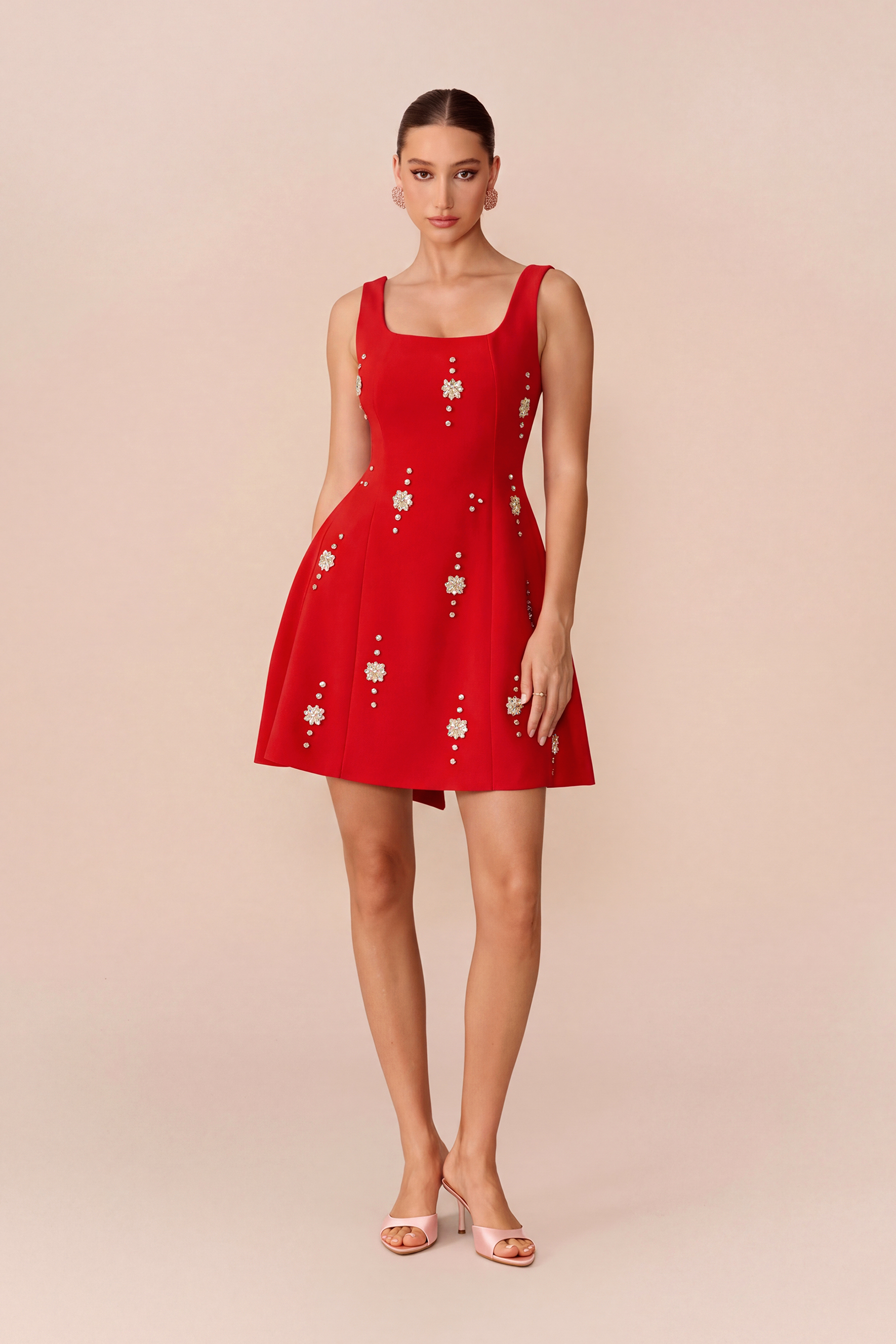 Keep It Sweet Square Neck Crystal Embellished Mini Dress