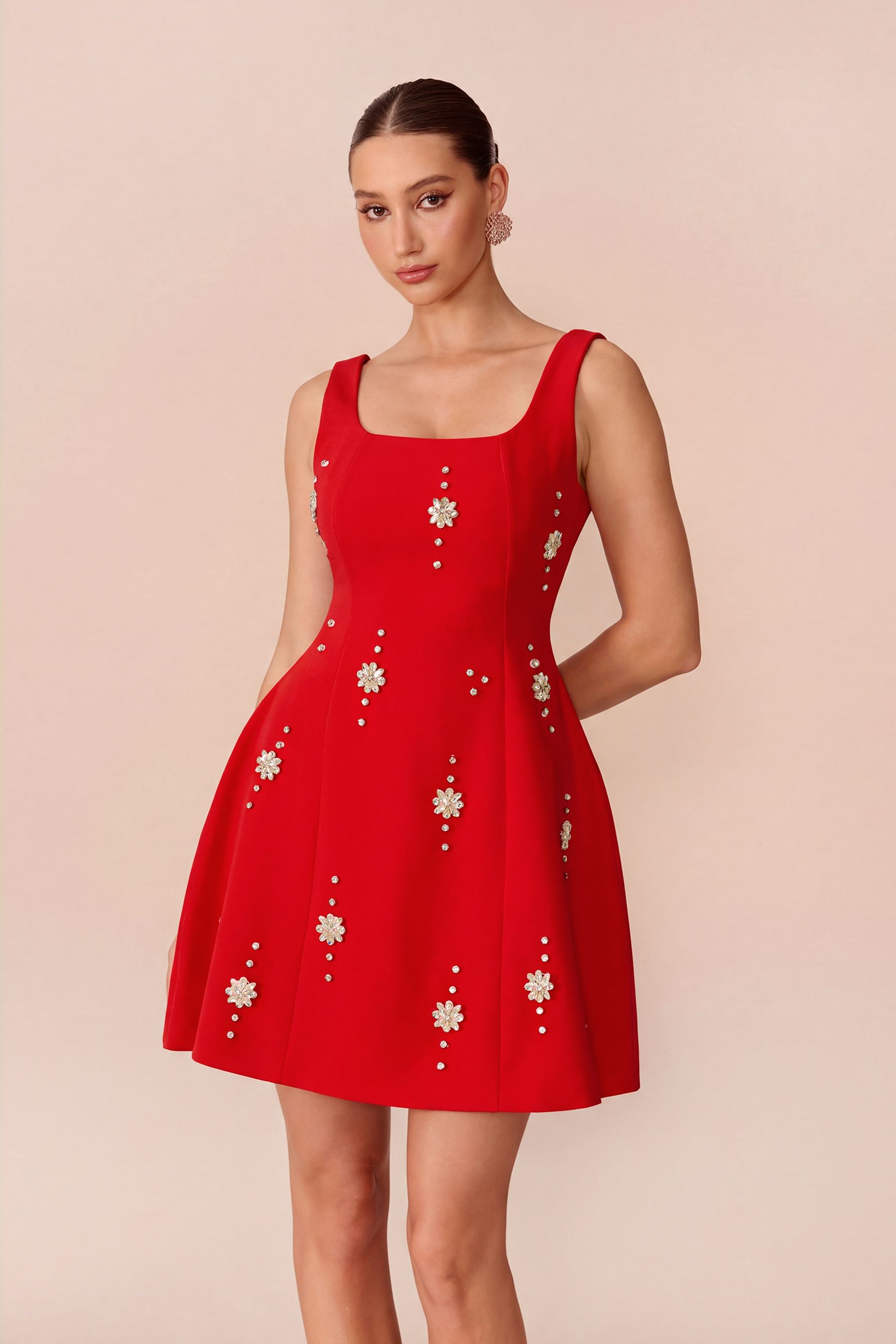 Keep It Sweet Square Neck Crystal Embellished Mini Dress