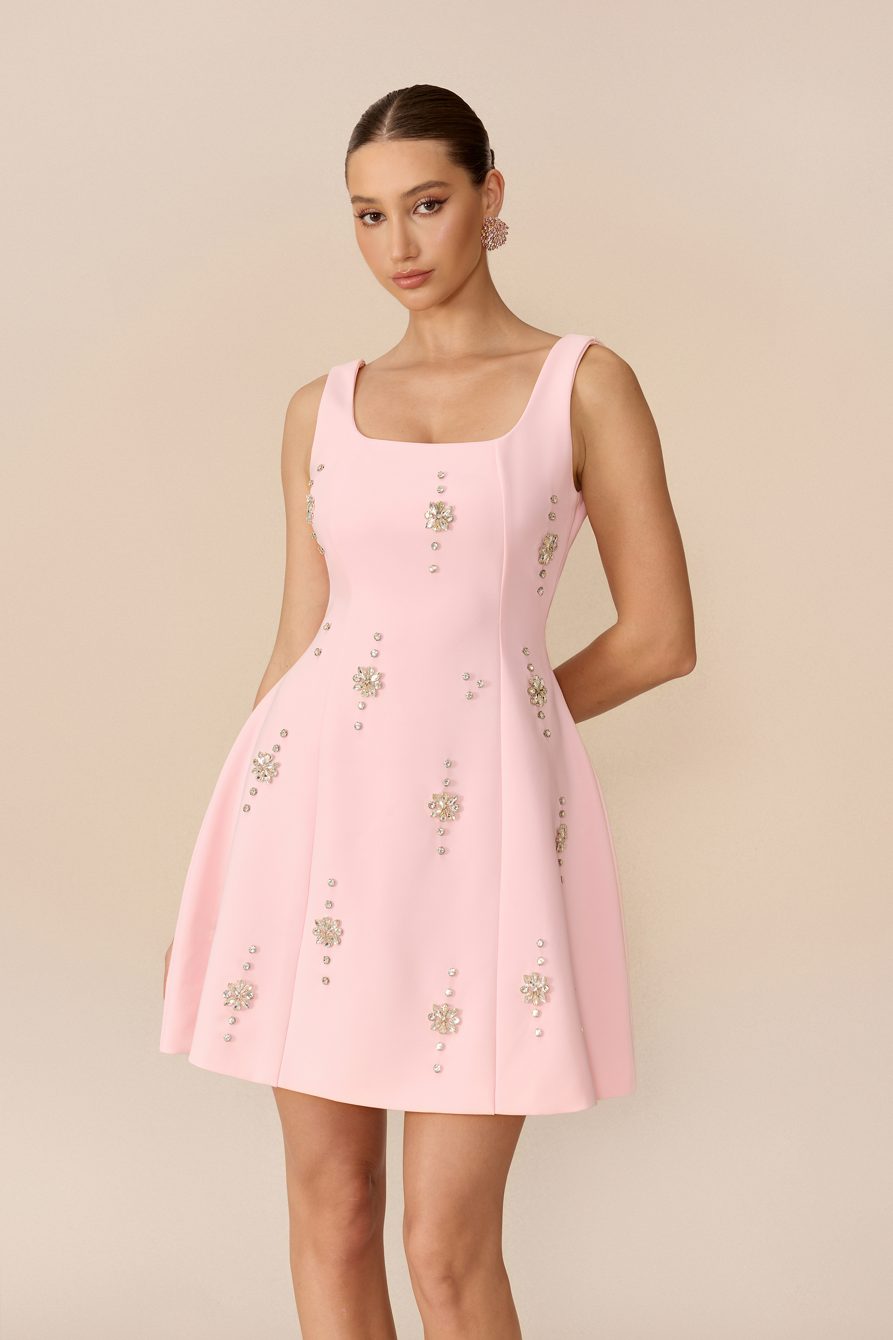 Keep It Sweet Pink Square Neck Crystal Embellished Mini Dress