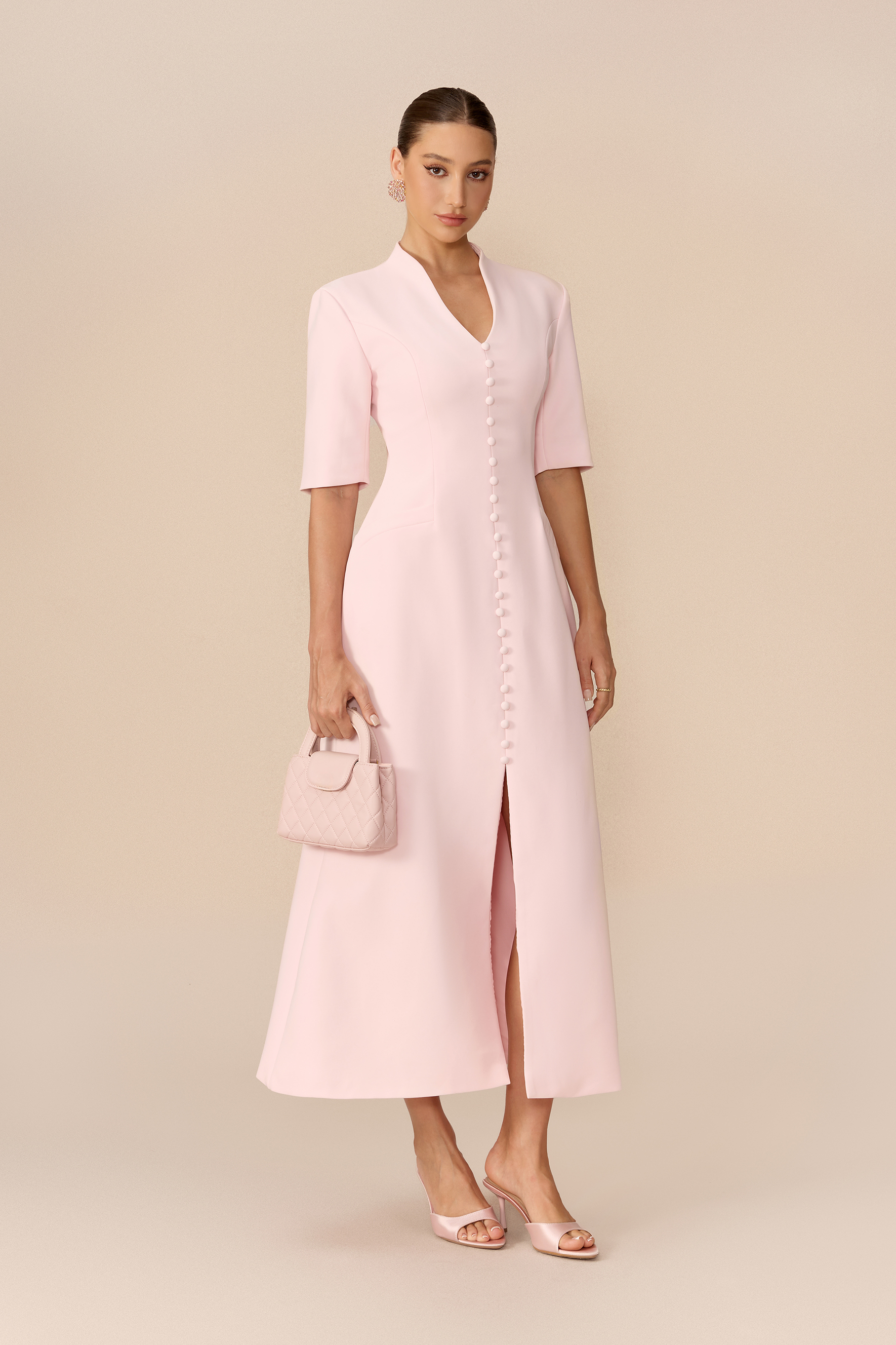 Minimal Mood Pink Stand Collar Split Maxi Dress