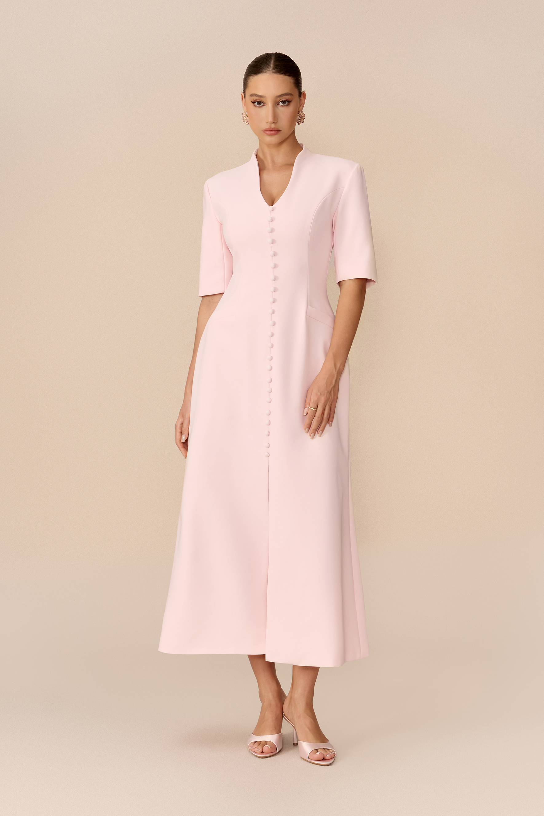 Minimal Mood Pink Stand Collar Split Maxi Dress